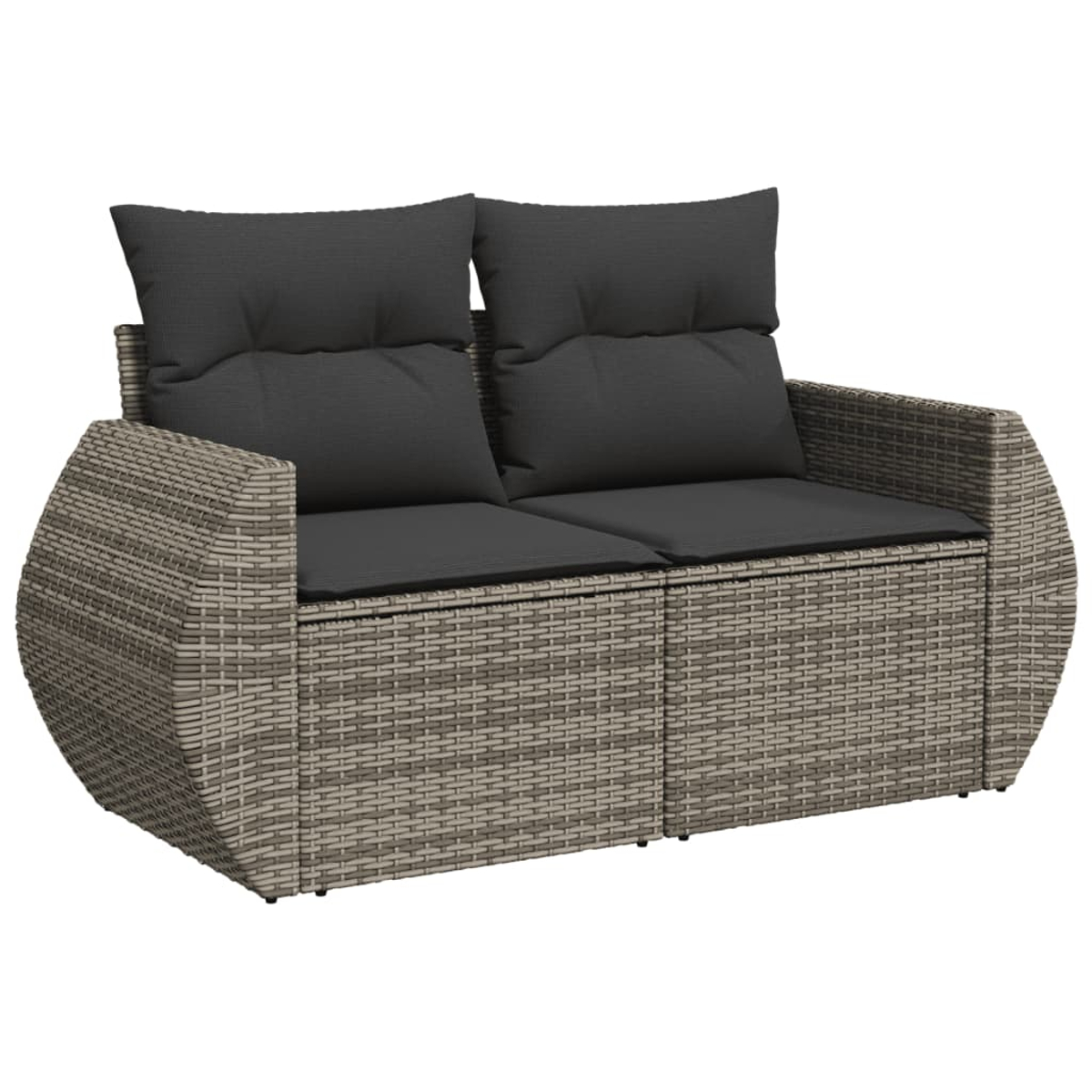 Korbssofa-Set mit grauen Kissen. Weißer Hintergrund.