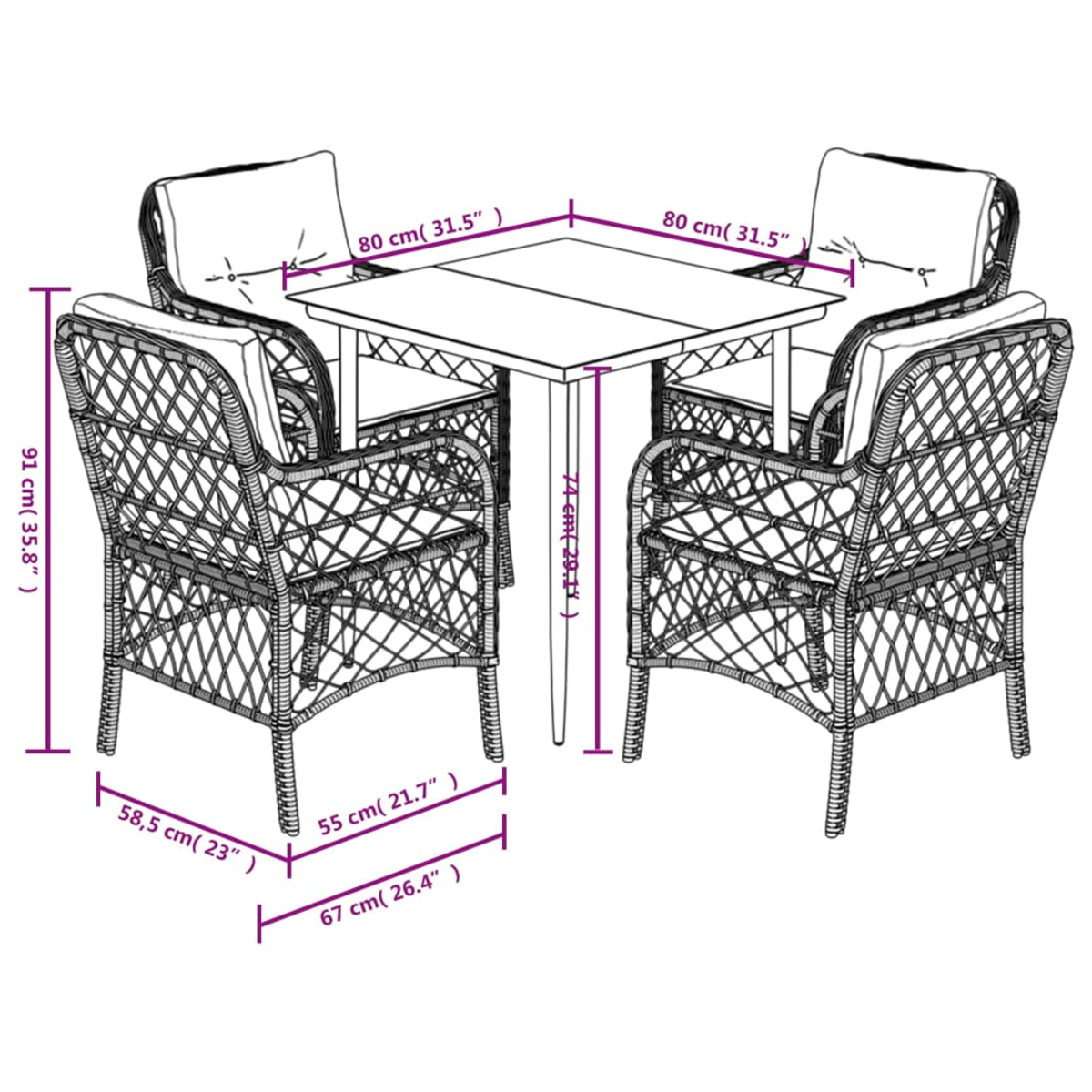 Essgruppe für den Außenbereich mit Abmessungen. Korbstühle und Tisch mit Abmessungen. Diagramm mit Messungen.