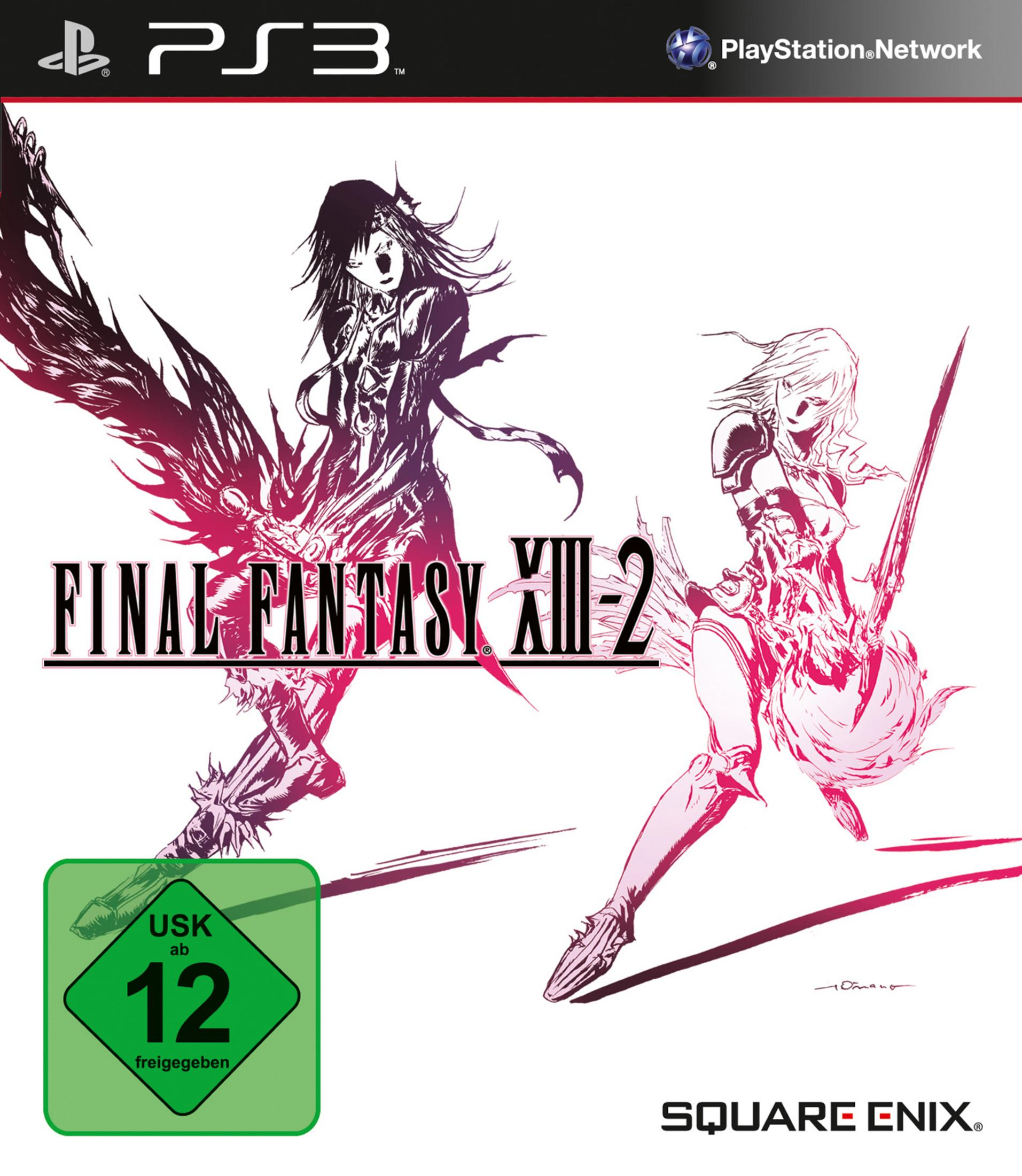 Final Fantasy XIII-2-Spielcover mit zwei Charakteren und dem Logo auf weißem Hintergrund.