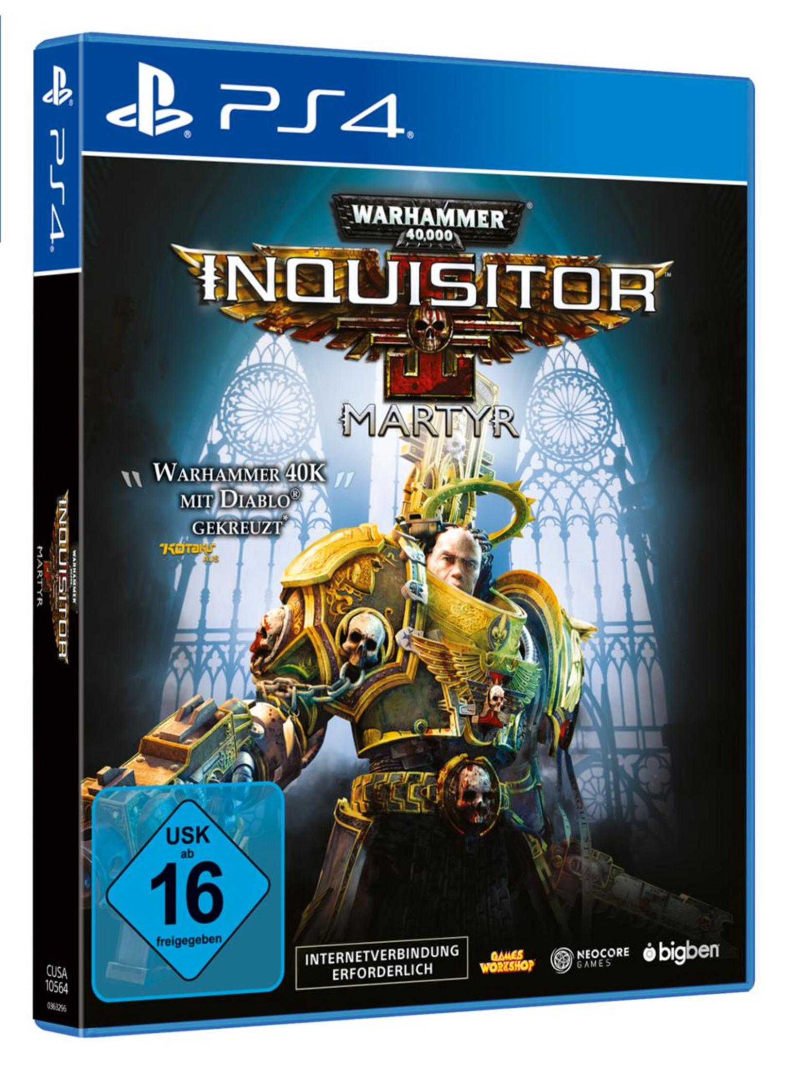 PS4-Spielcover. Zeigt einen Mann in Rüstung mit dämonischem Gesicht. Titel: Warhammer 40.000: Inquisitor - Martyr.