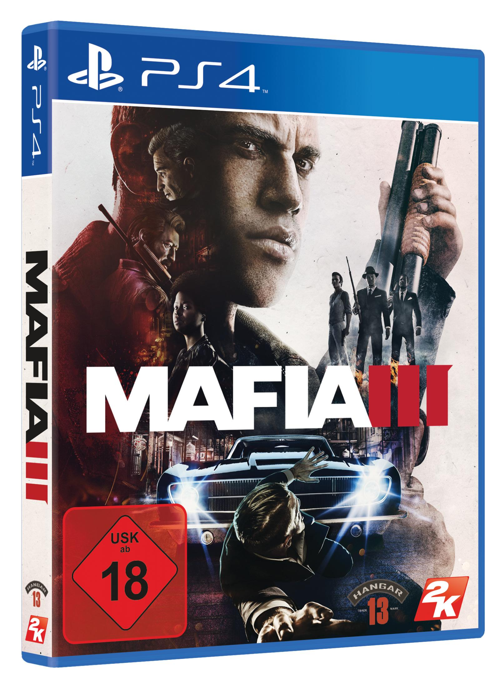 Portada del juego Mafia III en PS4 con un hombre con un arma y otras figuras.
