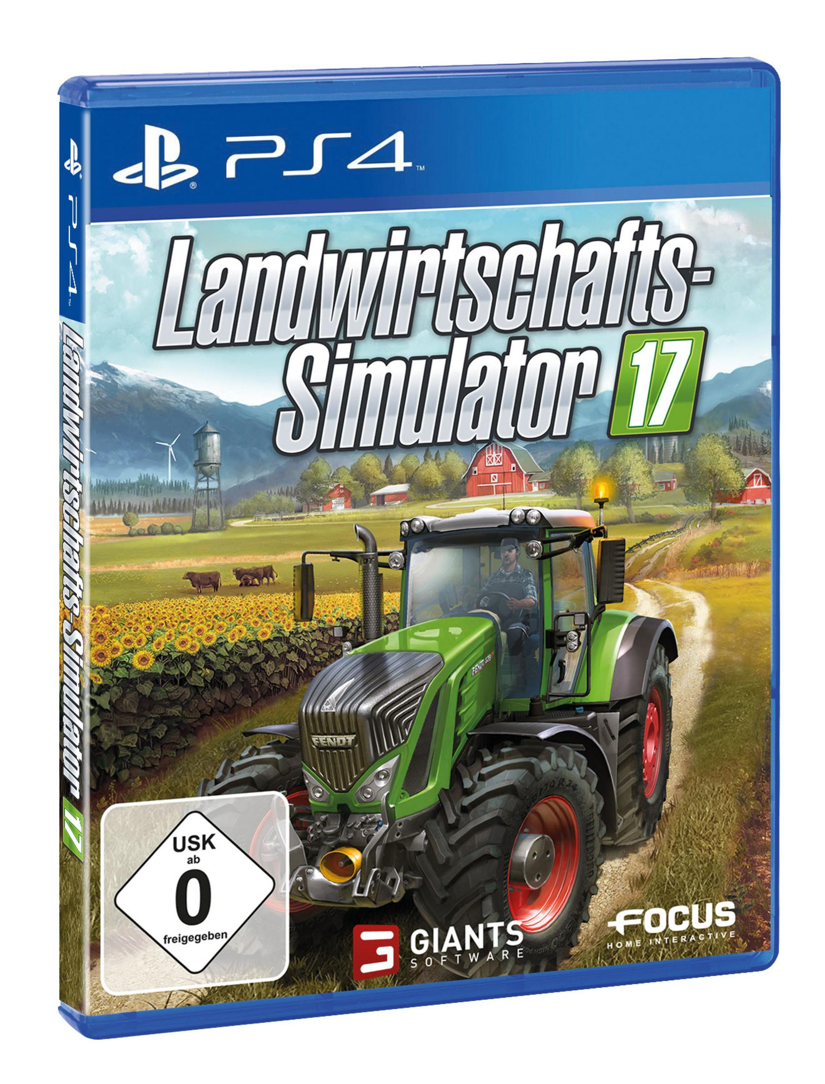 PS4-Spielcover: Landwirtschafts-Simulator 17. Grüner Traktor auf dem Feld, Sonnenblumen und Bauernhof. USK-Bewertung.