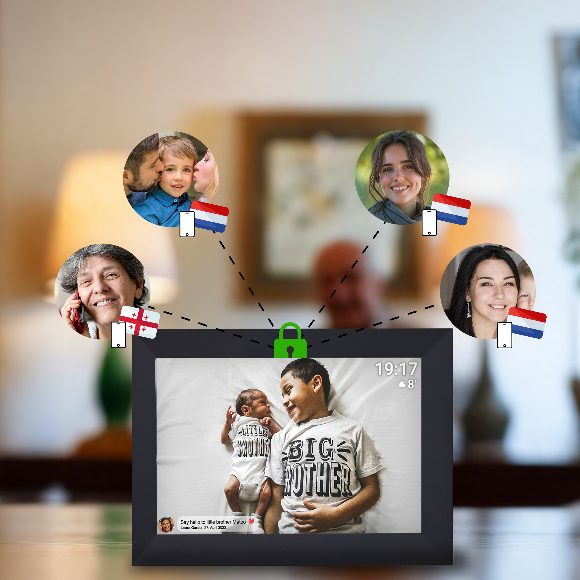 Un cadre photo numérique affichant des photos de plusieurs personnes reliées par des lignes et des drapeaux.
