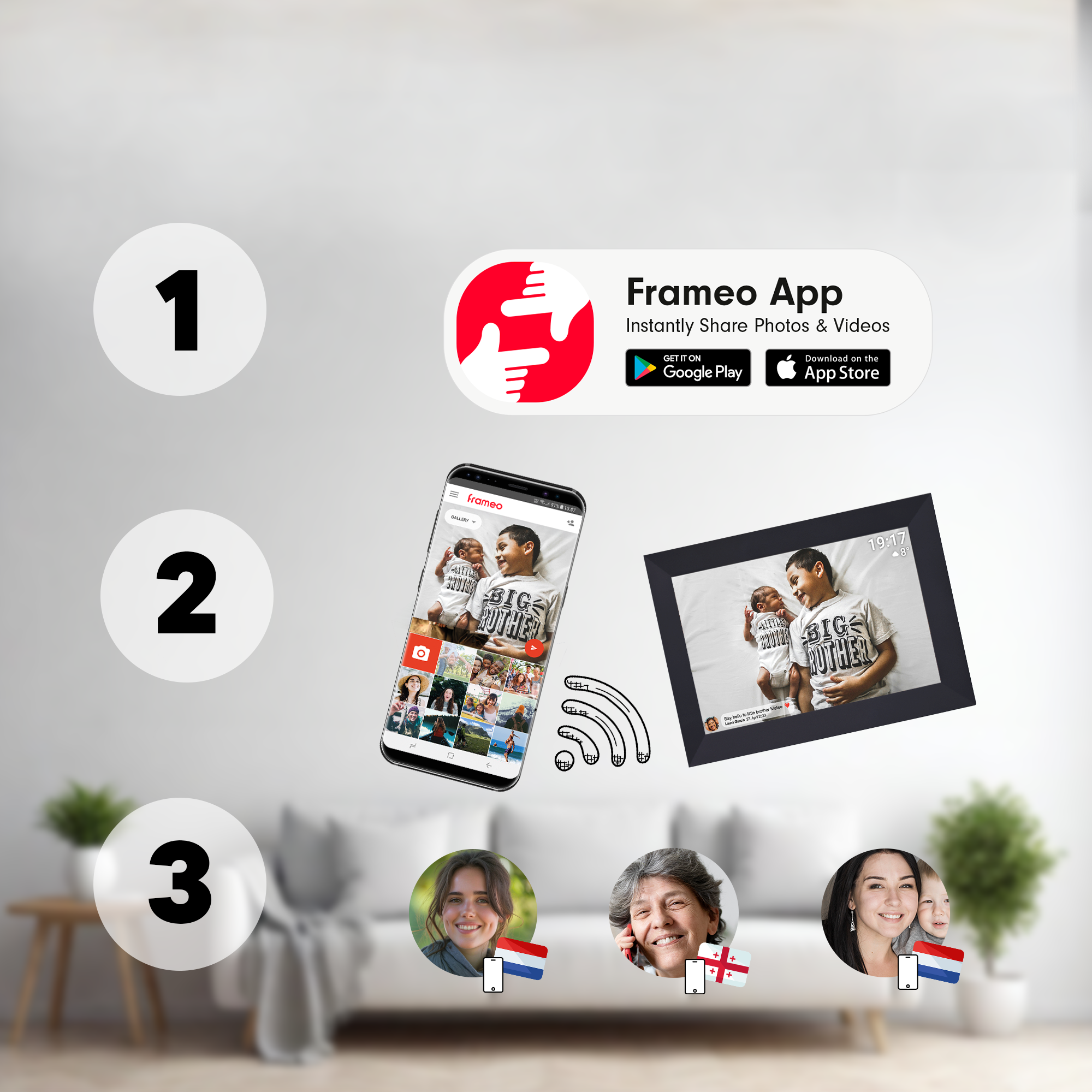 L'image montre un cadre numérique, un logo d'application, un téléphone affichant des photos et trois photos de profil sur fond blanc.