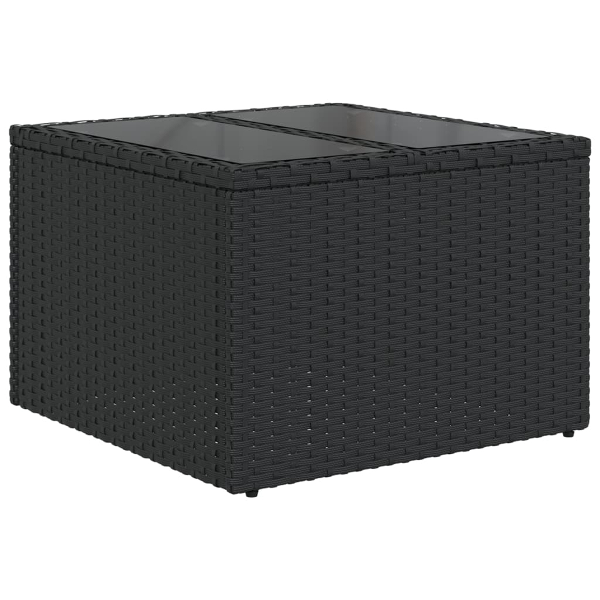 Schwarzer gewebter rechteckiger Couchtisch mit Glasplatte.