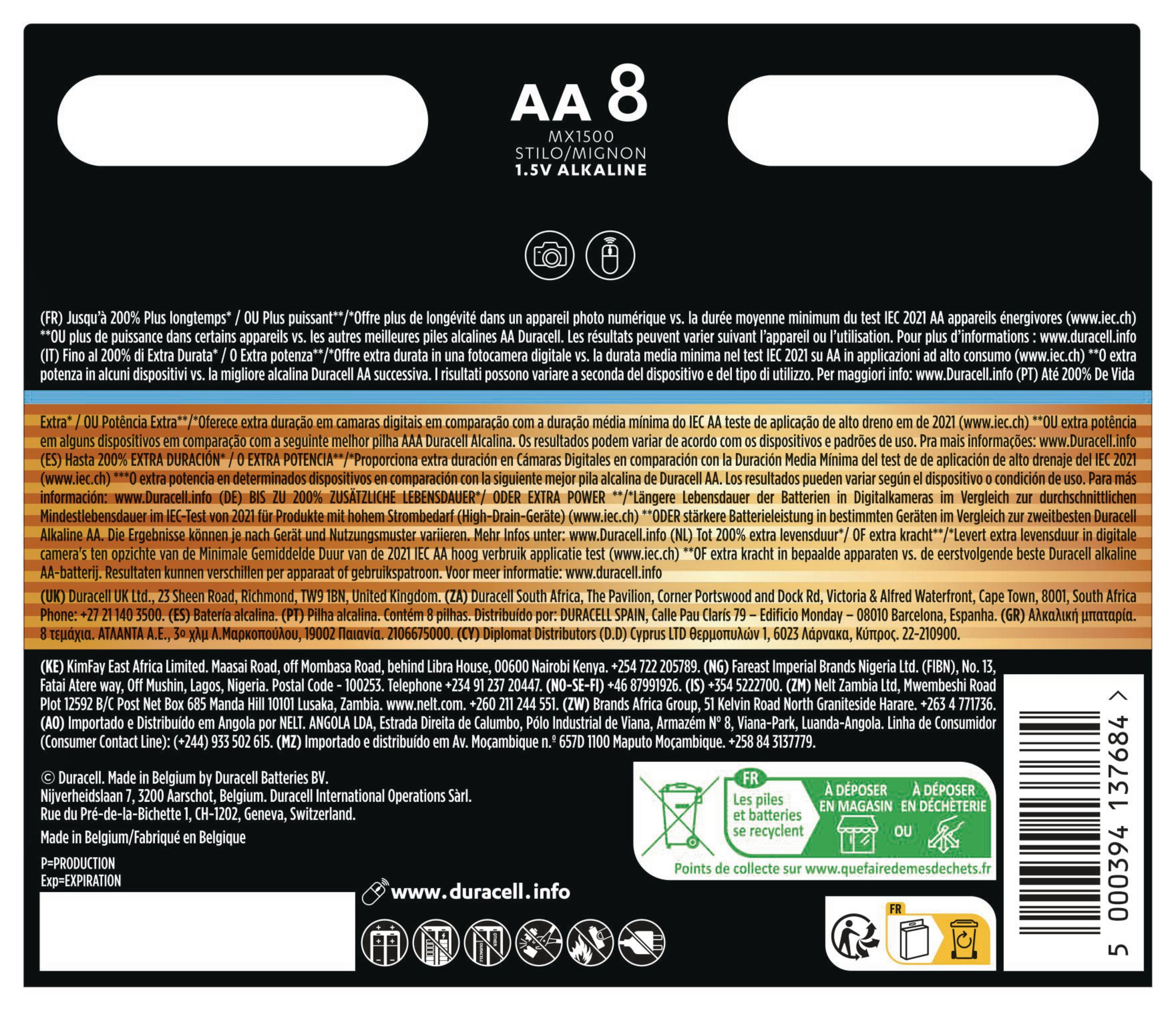 Opakowanie baterii AA 8 Duracell, pokazujące informacje o baterii, symbole recyklingu i tekst.