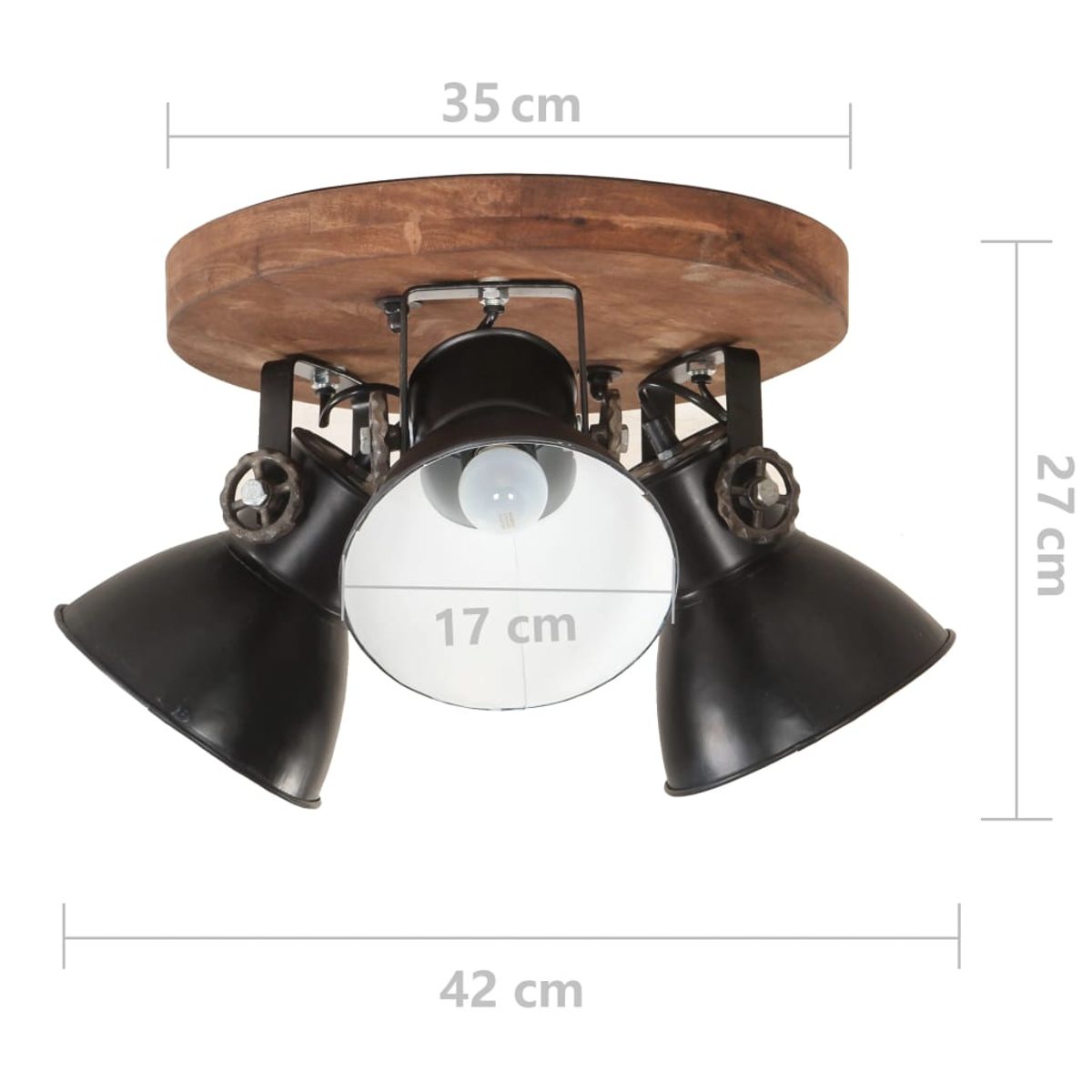 Deckenlampe mit drei schwarzen Strahlern auf Holzsockel. Maße werden angezeigt.