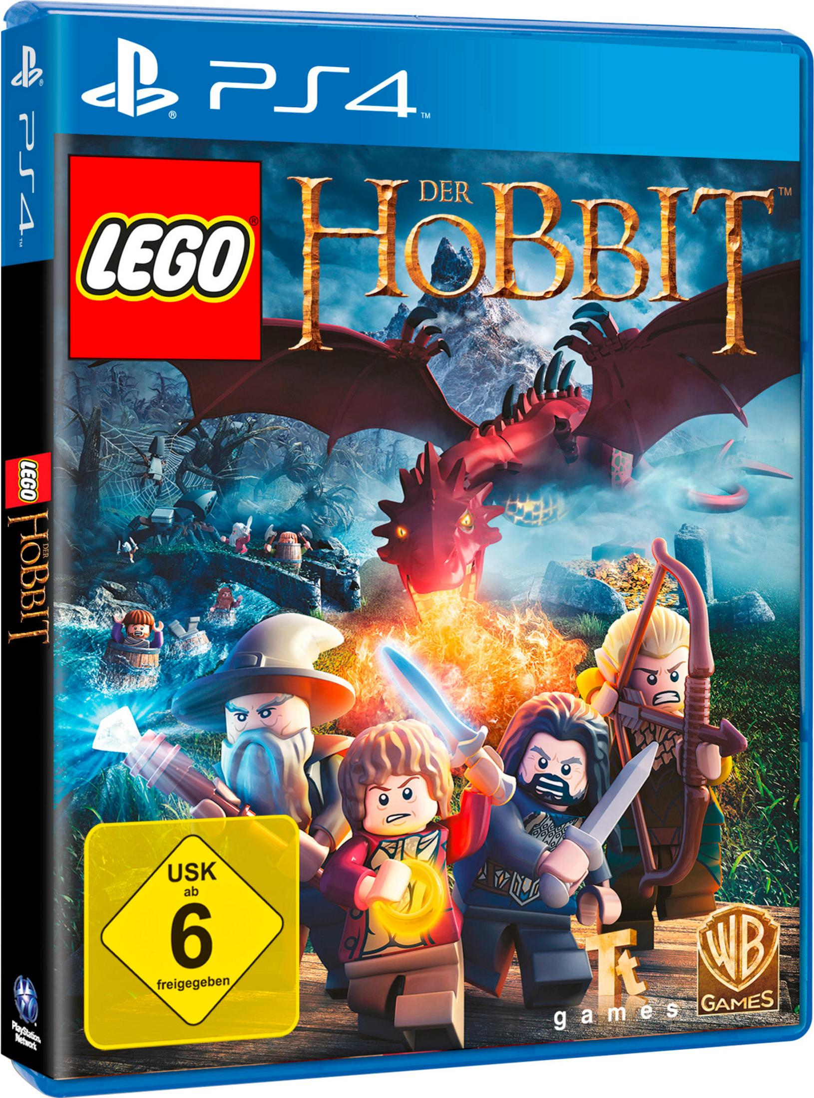 Lego The Hobbit Spielcover für PS4. Lego-Figuren vor einem Drachen und einer Burg.