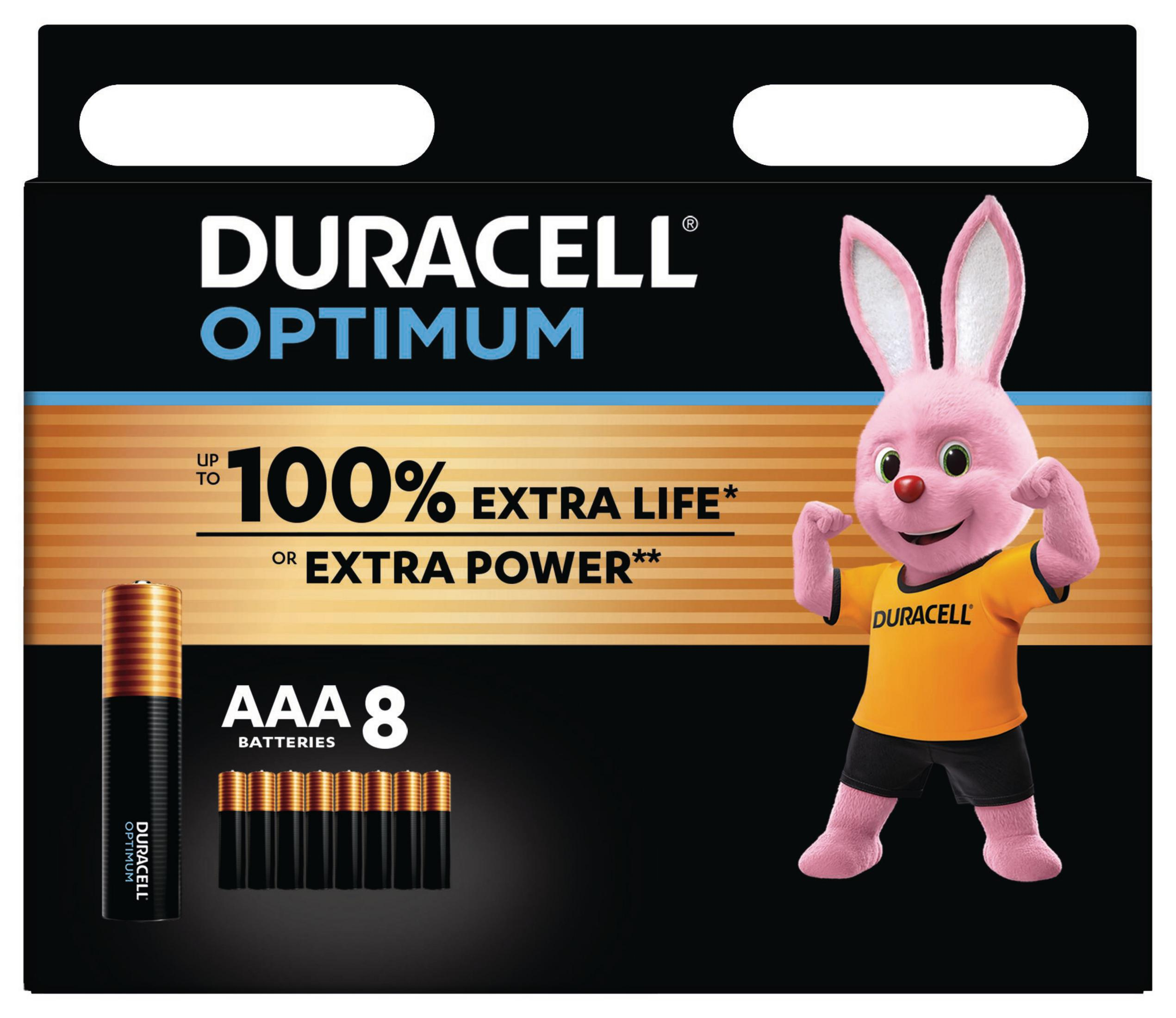 Pudełko baterii Duracell Optimum. Zawiera różowego króliczka Duracell i zestaw baterii AAA.