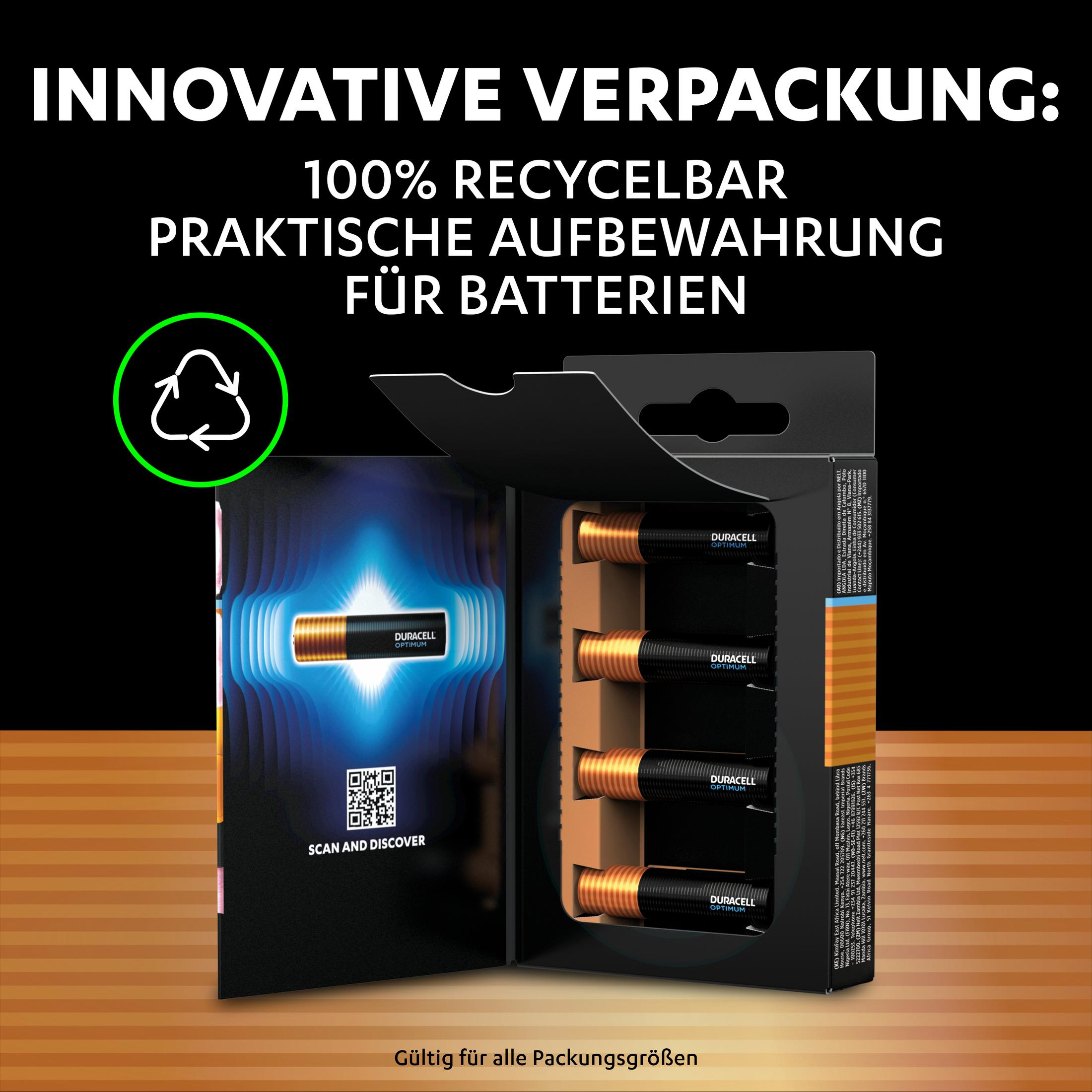 Otwarty pojemnik na baterie z czterema bateriami Duracell. Tekst: 100% nadaje się do recyklingu, praktyczne przechowywanie.