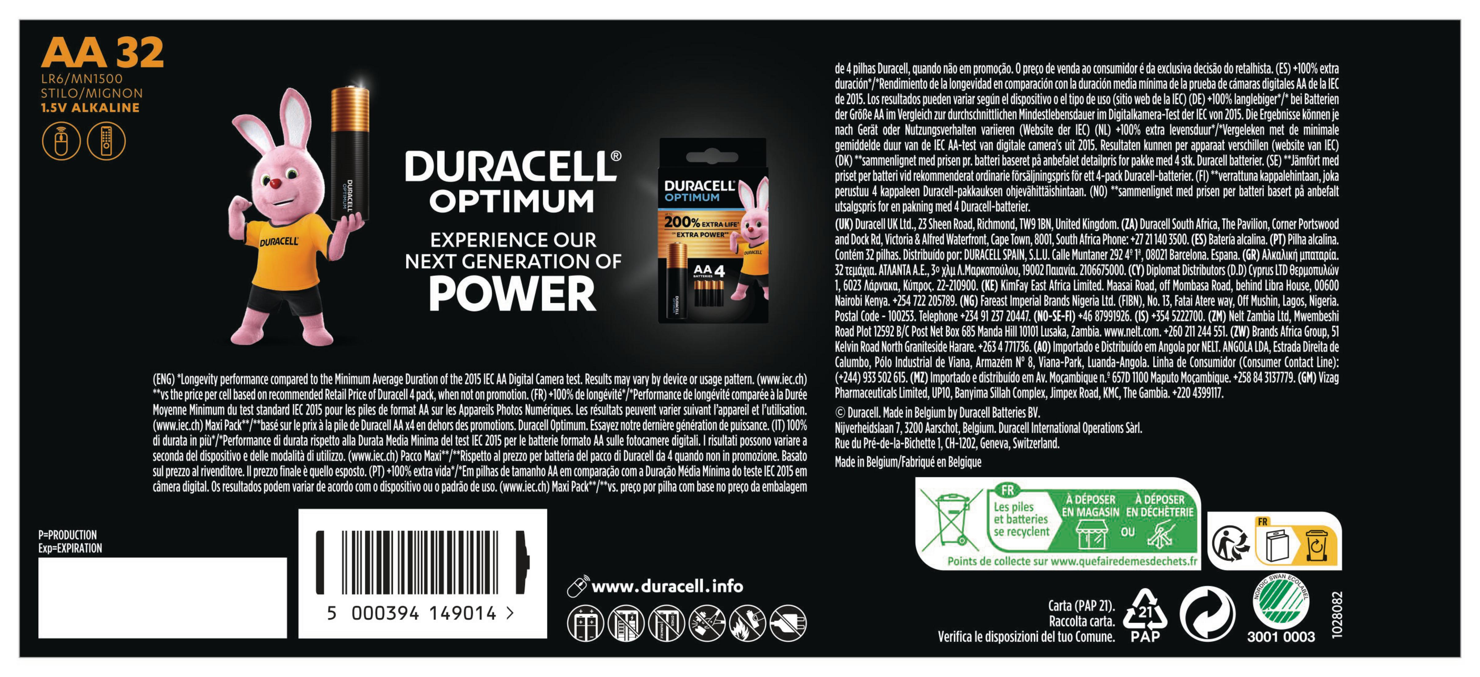 Duracell Optimum AA Batterieverpackung. Hase, Batterien und Text auf schwarzem Hintergrund mit Details.
