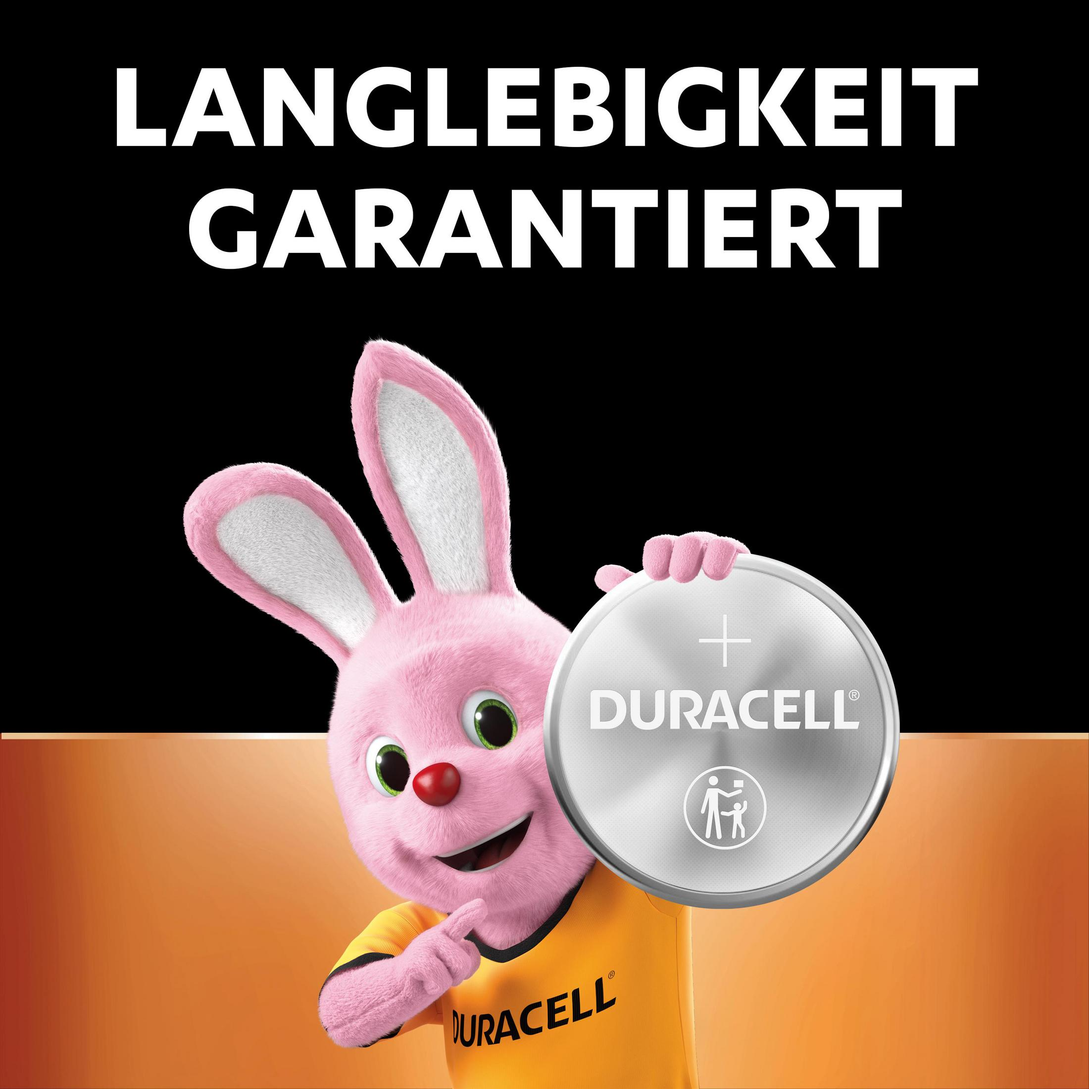 Królik Duracell trzymający baterię, tekst 'Langlebigkeit Garantiert' na pomarańczowo-czarnym tle.