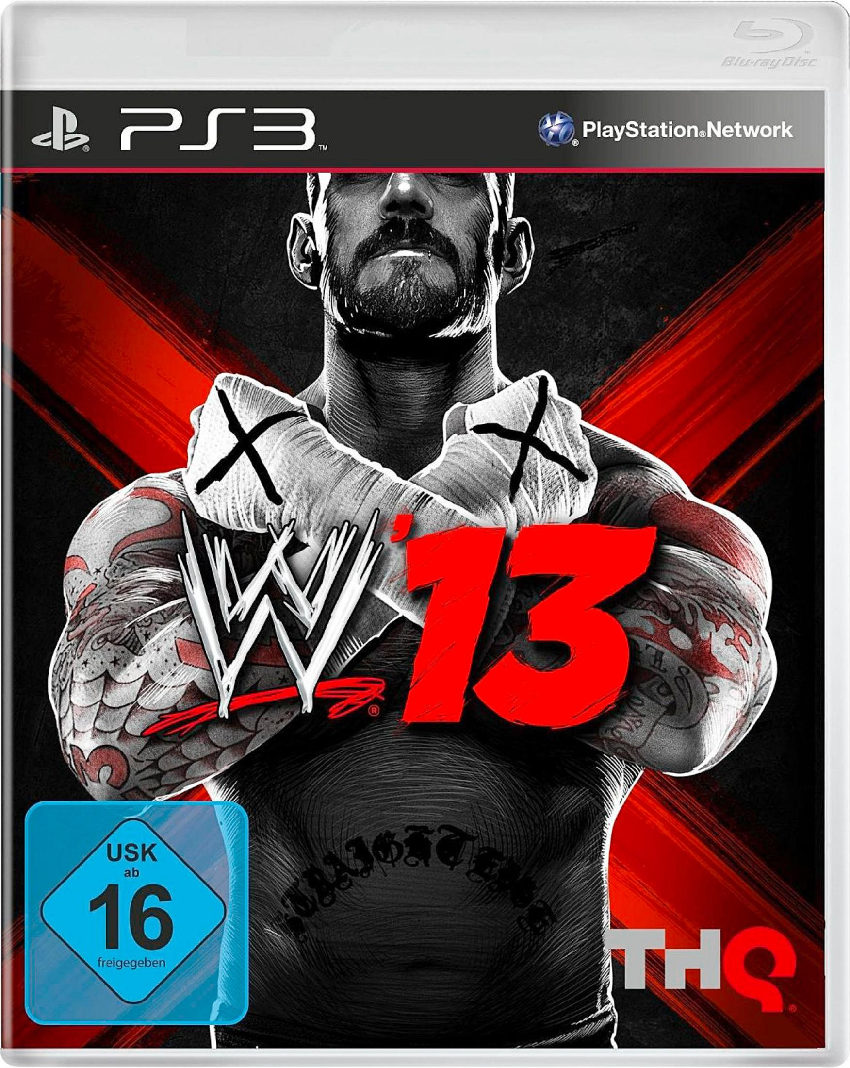 WWE '13 Spielcover: Wrestler mit Tattoos, X-Zeichen auf den Händen und Text auf rotem und schwarzem Grund.