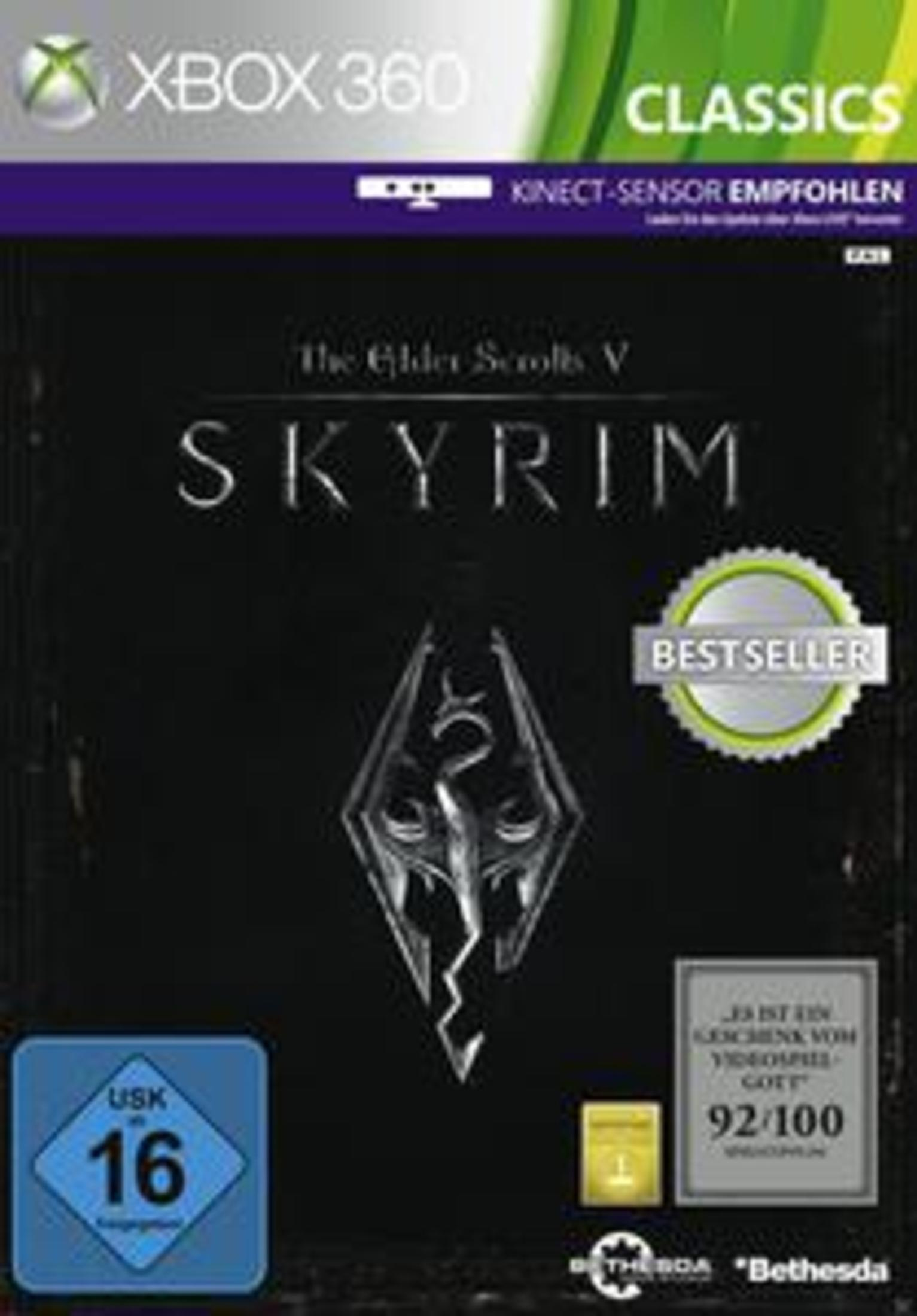 Xbox 360-Spielcover für The Elder Scrolls V: Skyrim. Enthält ein Drachenemblem und den Spieltitel.