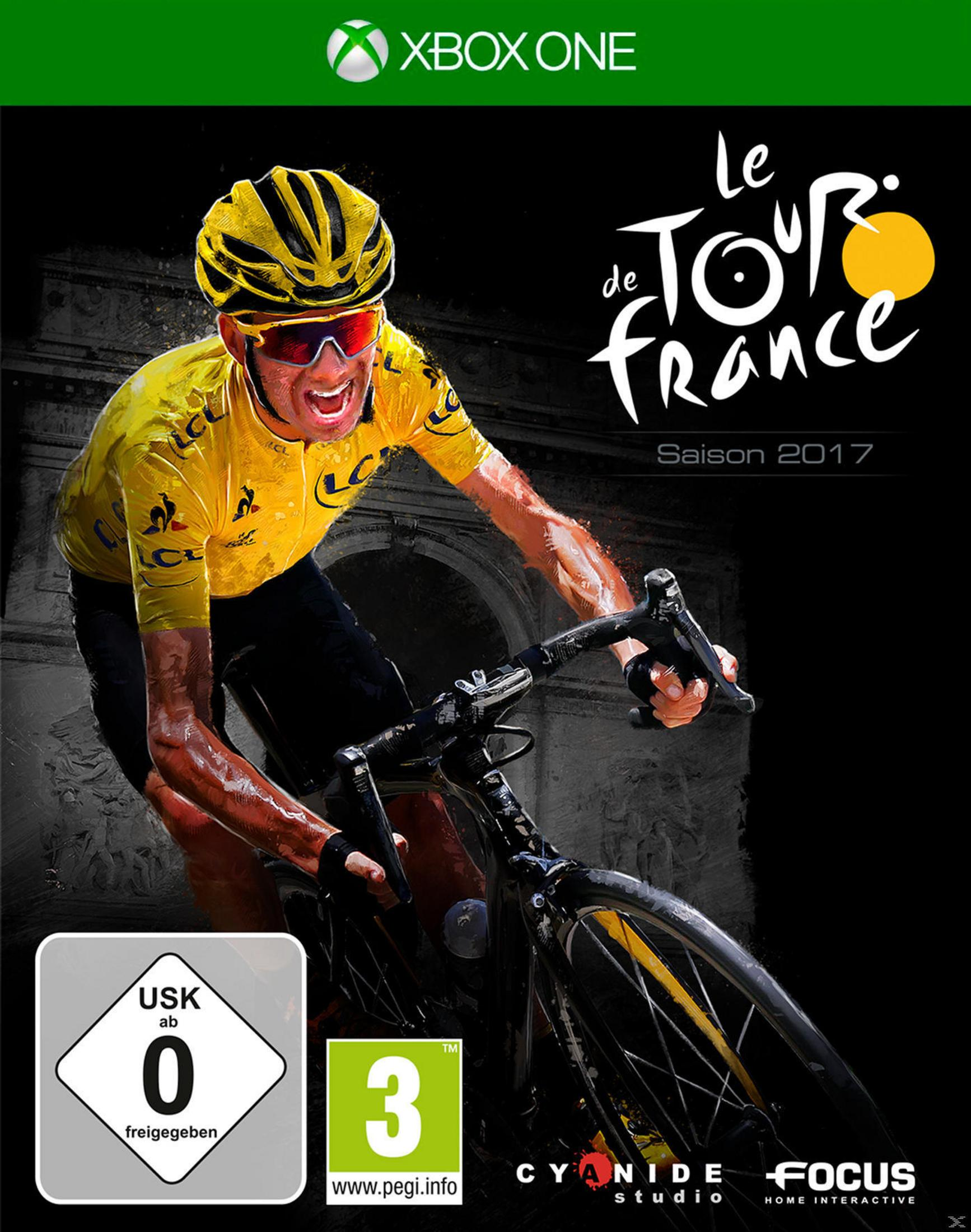 Xbox One Spielcover für Le Tour de France 2017. Ein Radfahrer in gelbem Trikot wird gezeigt.