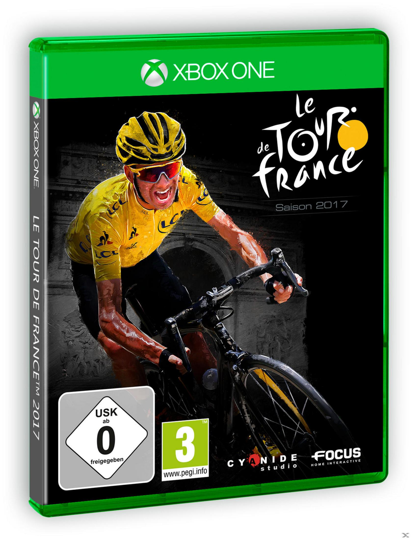 Xbox One-Spielbox für Le Tour de France 2017, mit einem Radfahrer in Gelb auf schwarzem Hintergrund.