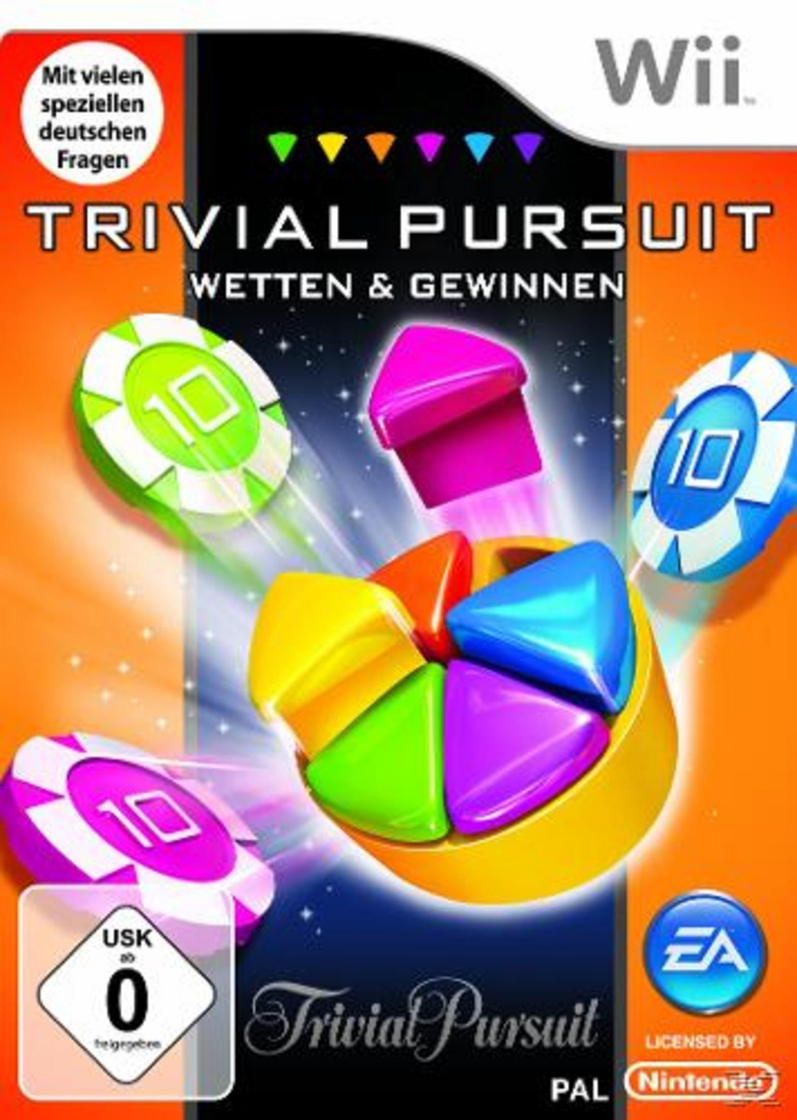 Trivial Pursuit-Spielbox mit bunten Spielsteinen und einem gelben, roten und orangefarbenen Hintergrund.