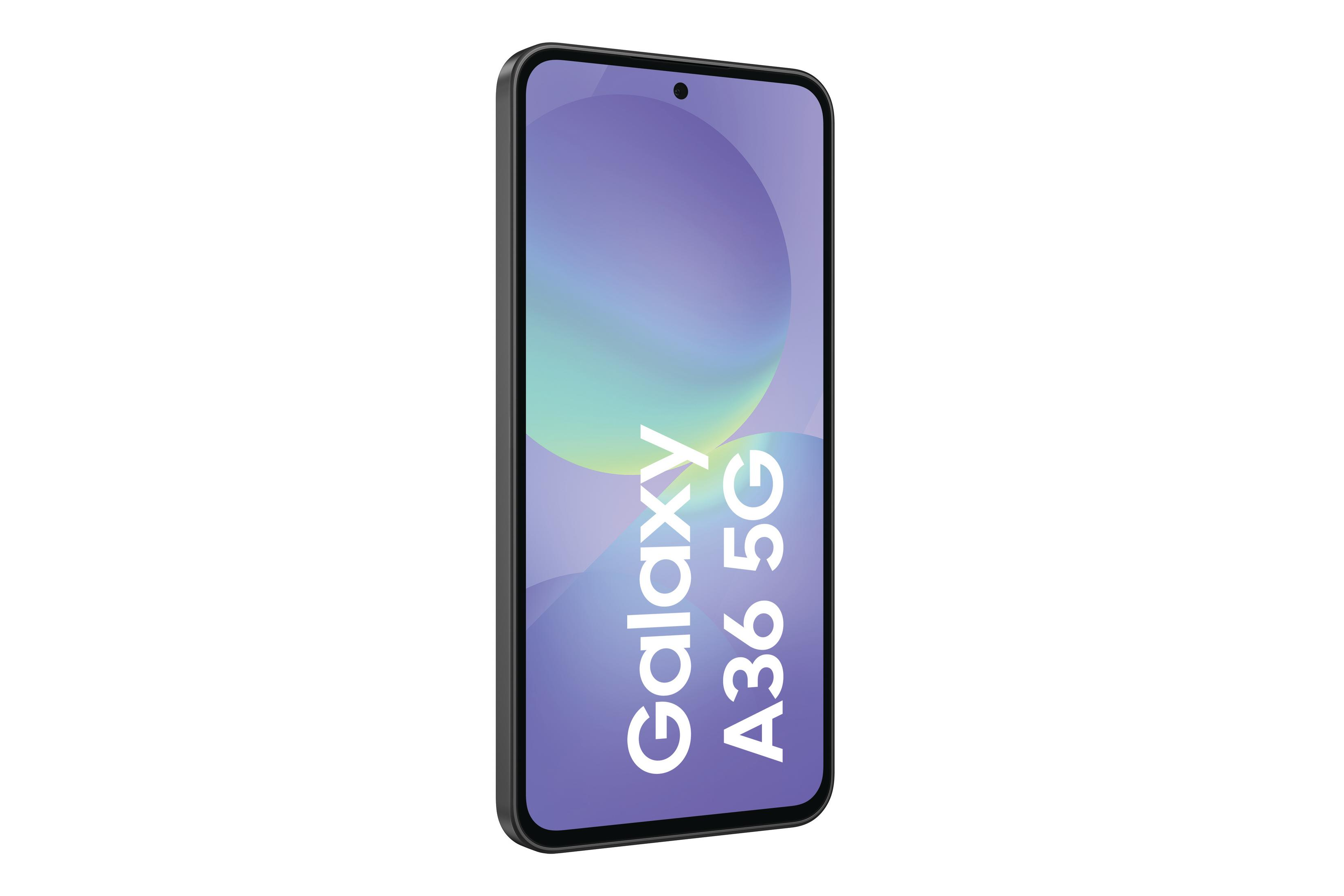 Smartfon Samsung Galaxy A36 5G. Czarna ramka, fioletowe tło gradientowe, biały tekst.