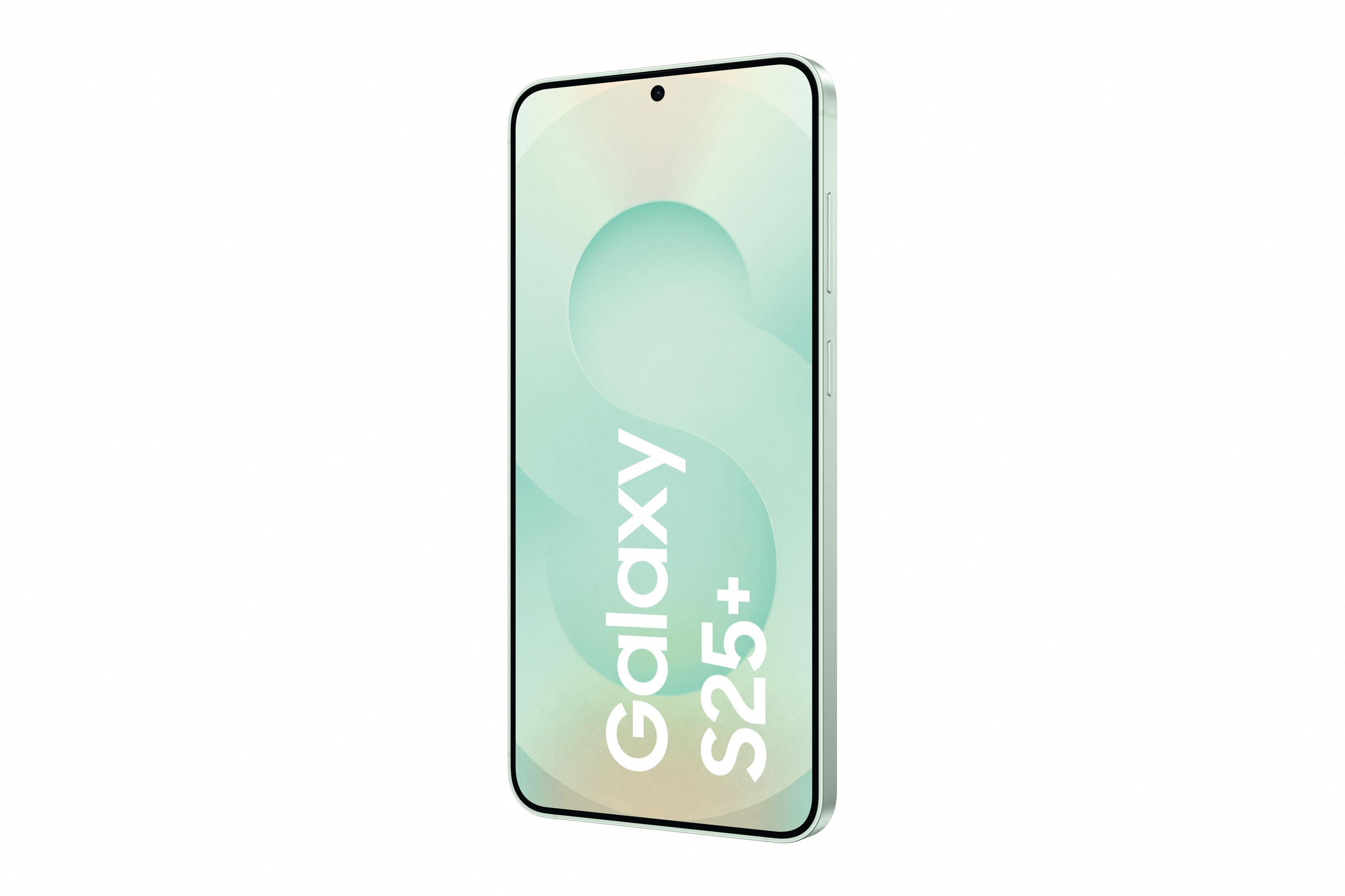 Miętowy smartfon Samsung Galaxy S25+ na białym tle, pokazujący jasny zielony design ekranu.