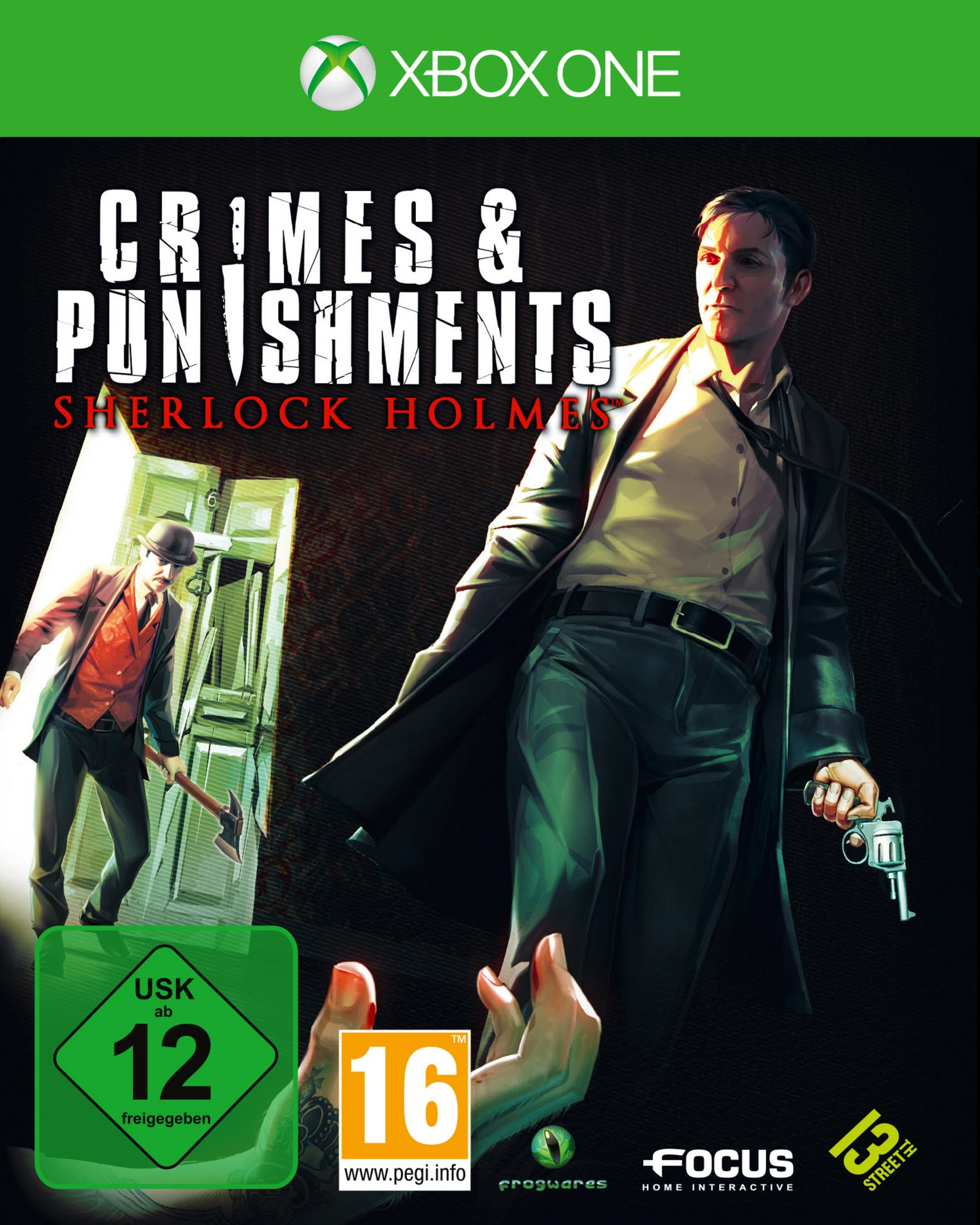 Spielcover: Sherlock Holmes mit Mantel, hält eine Pistole, blickt einen Mann mit Axt an. Das Spiel ist ab 12 Jahren.