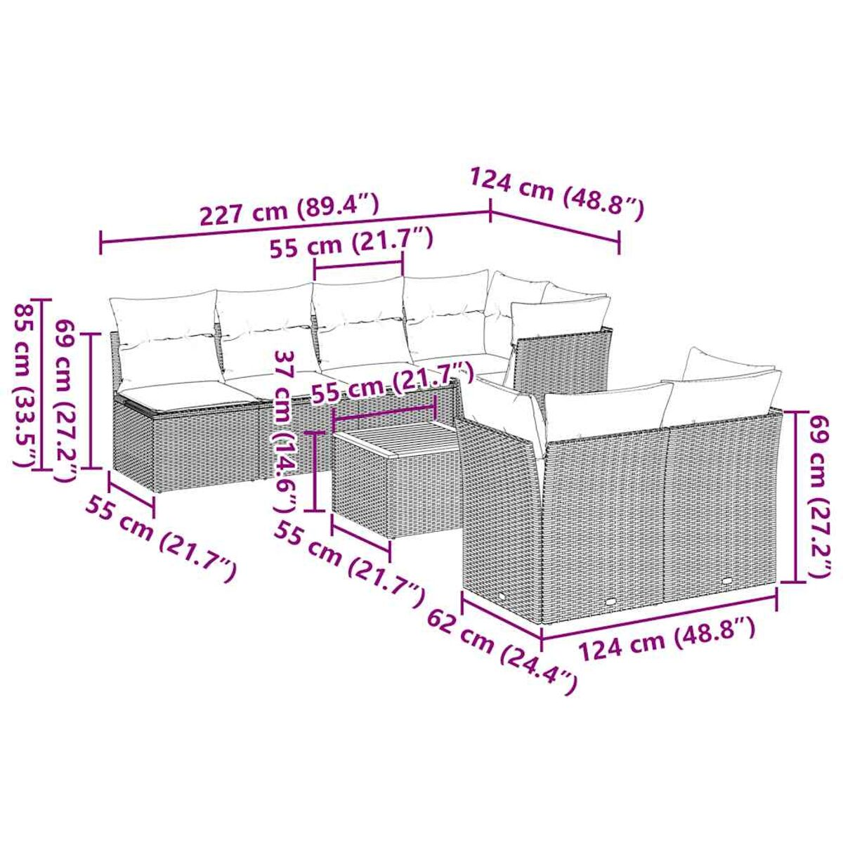 Outdoor Rattan Sofagarnitur mit Maßen und weißem Hintergrund.