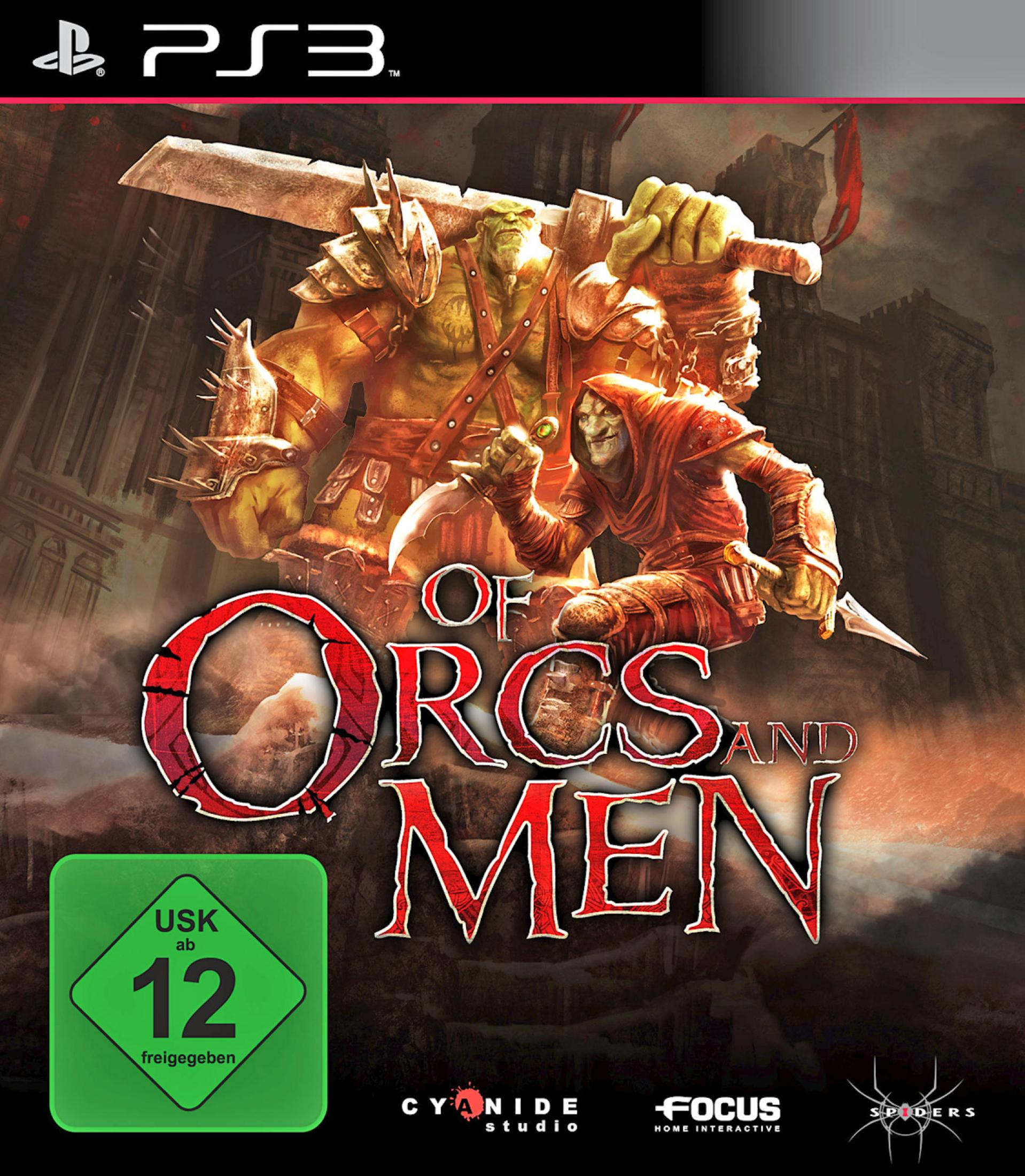 PS3-Spiel-Cover. Titel "Of Orcs and Men", mit Orks und Burg-Hintergrund. ESRB-Bewertung.