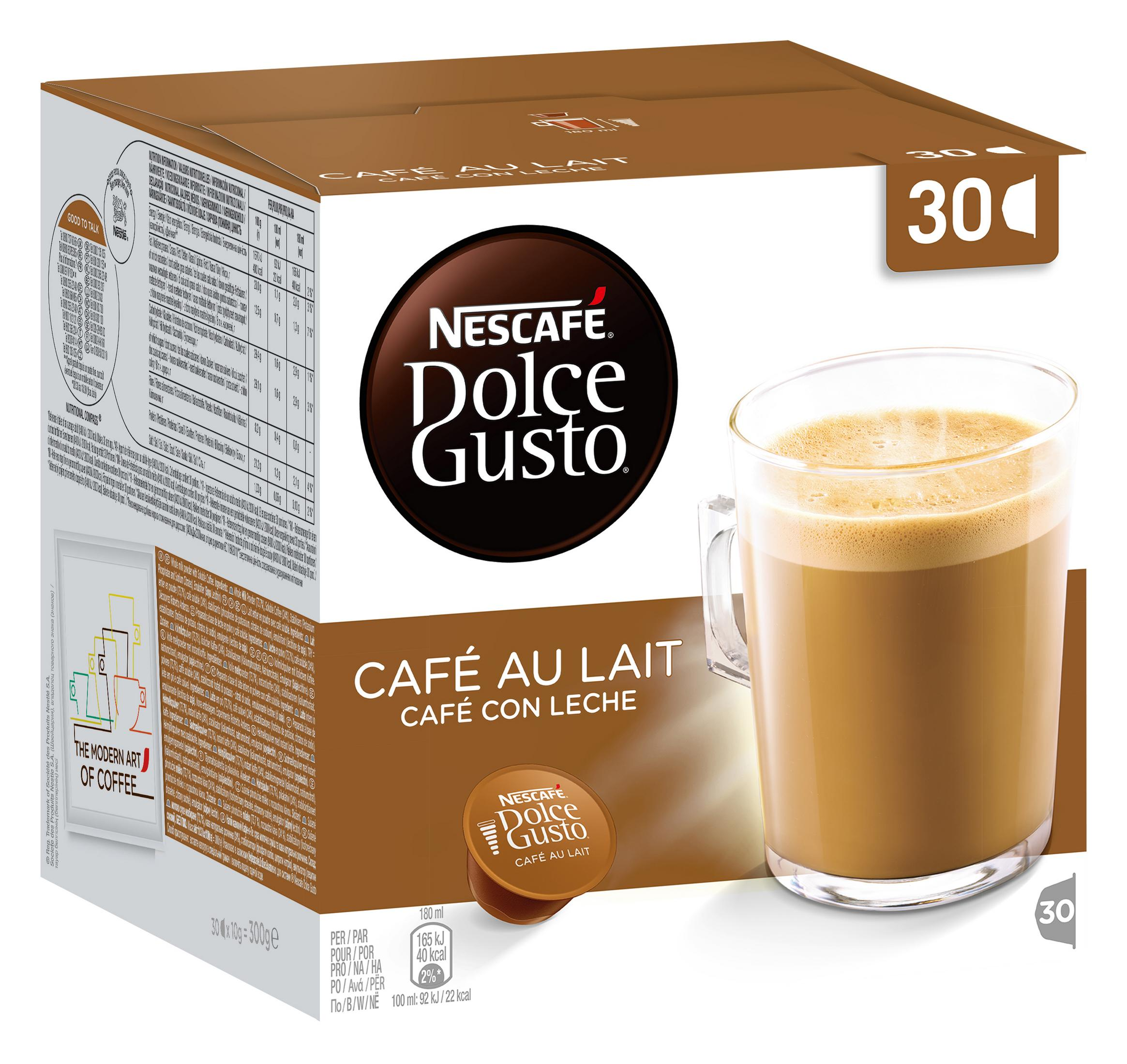 Nescafe Dolce Gusto Kaffeebox und eine Tasse Kaffee mit Milch. Weißer Hintergrund.