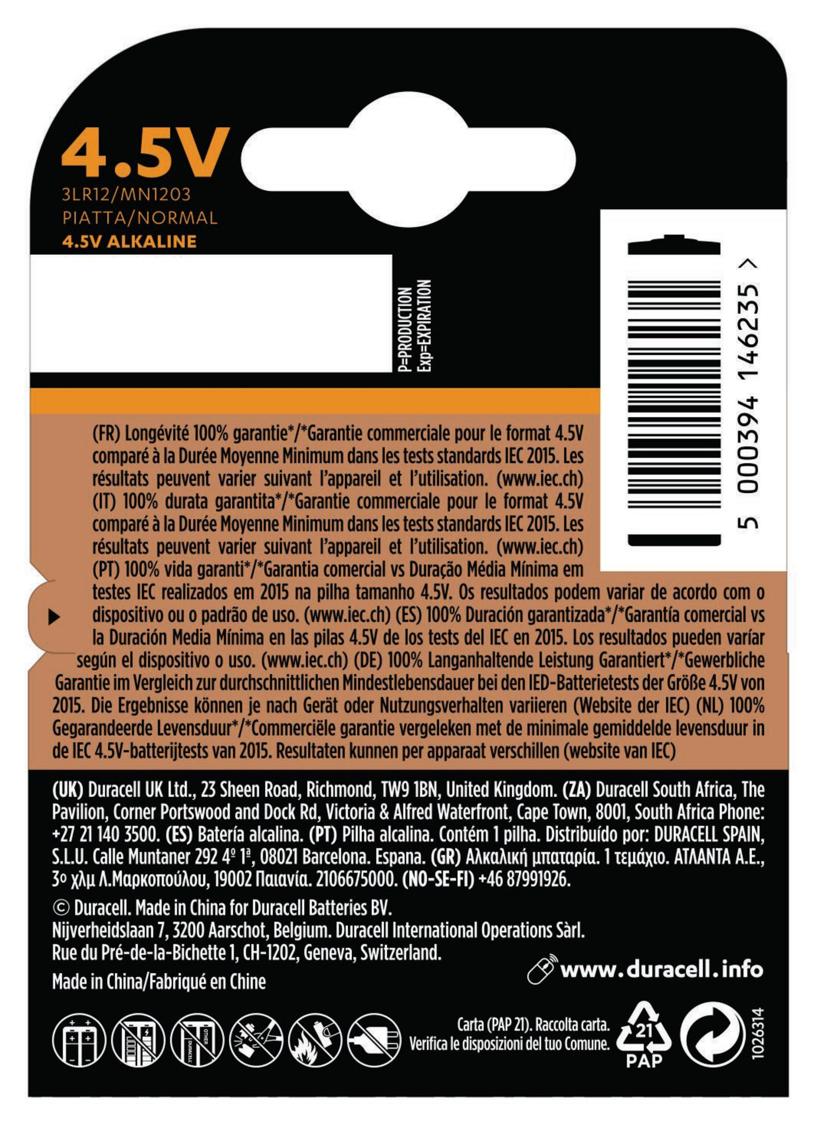 Eine Duracell 4,5V-Batterieverpackung. Die Verpackung hat ein Schwarz-Weiß-Design mit Texten und Warnungen.