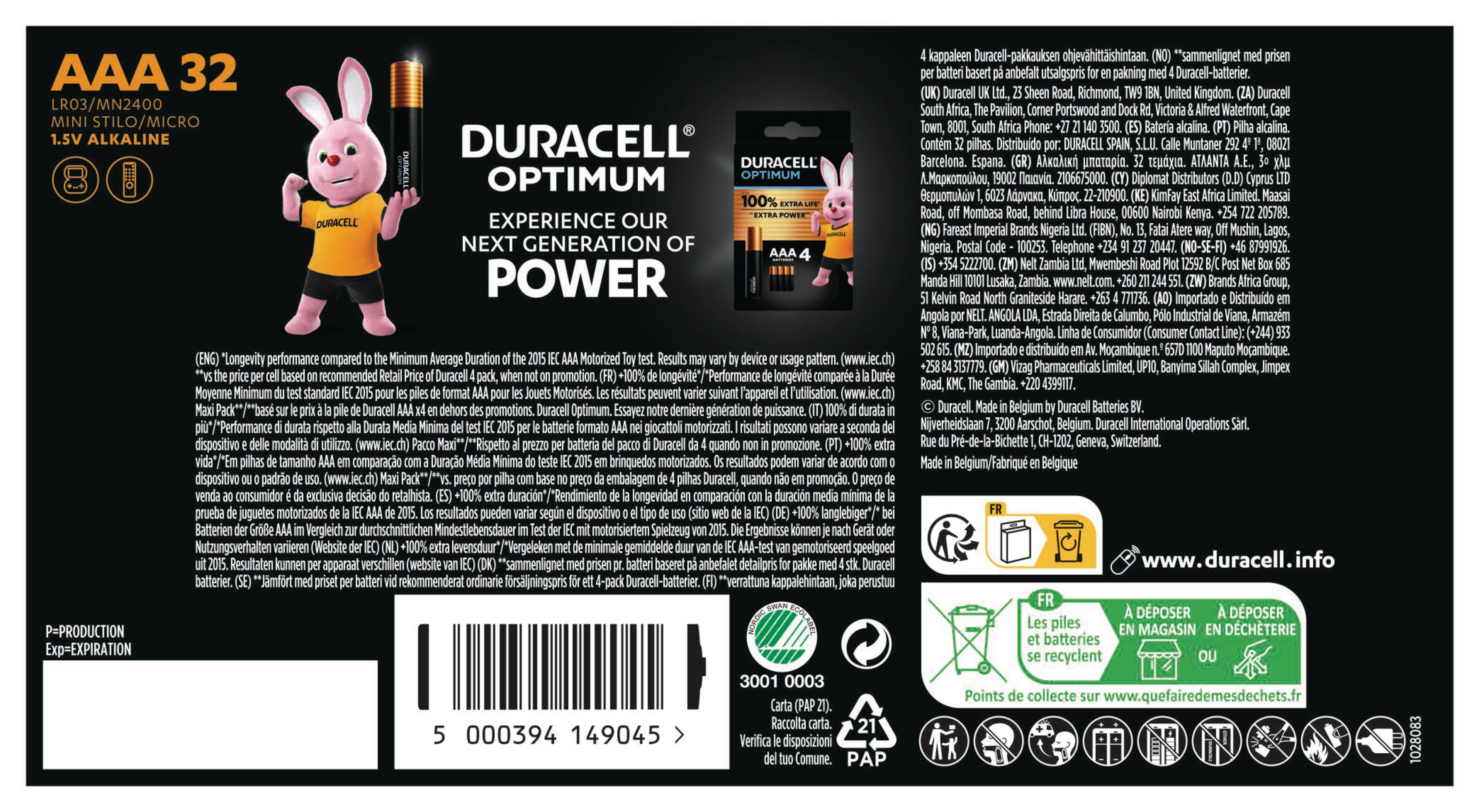 Confezione di batterie Duracell con mascotte coniglio, testo e dettagli del prodotto. Nero e arancione su sfondo bianco.