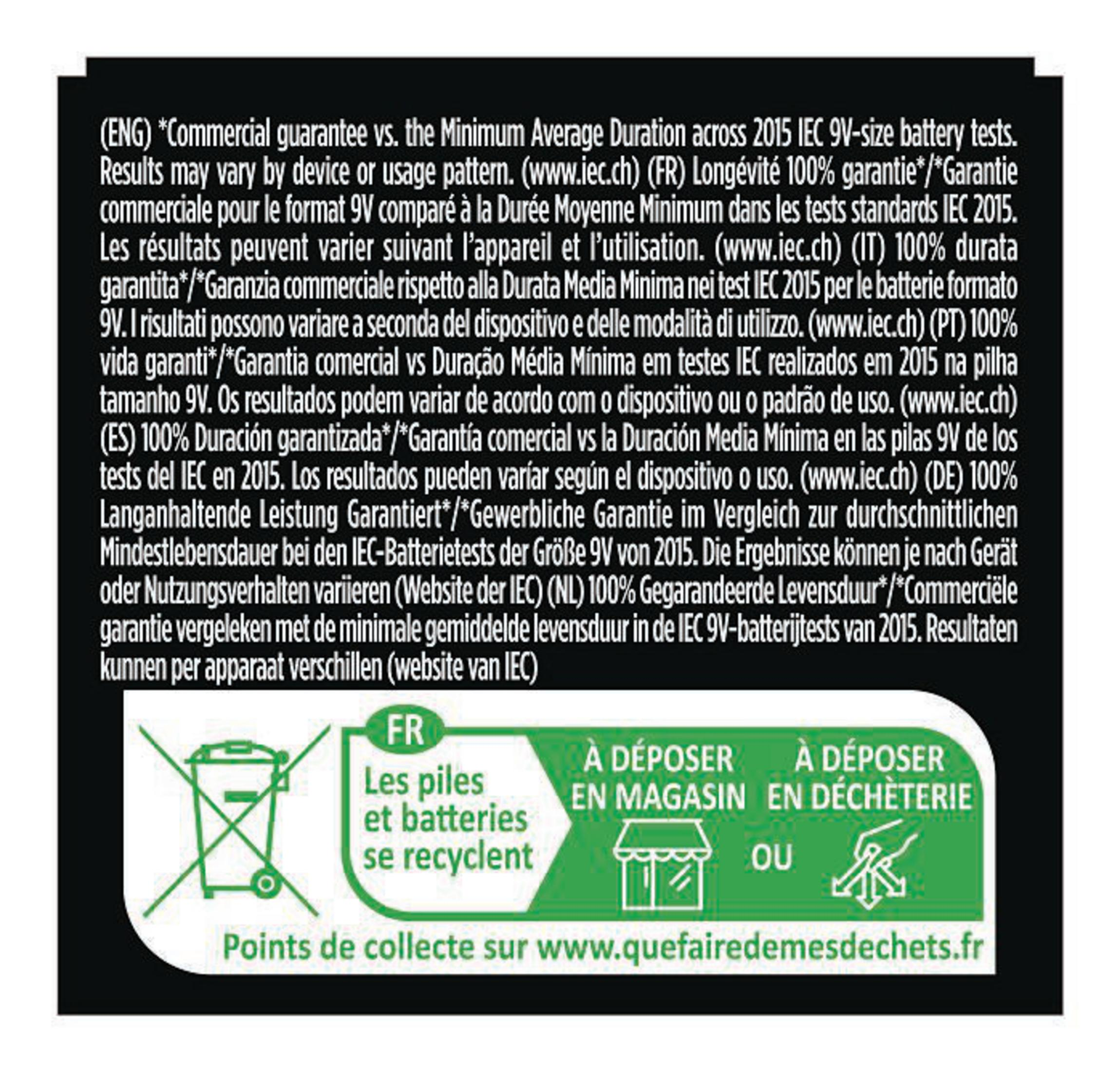 Testo e simboli su sfondo verde e bianco. Include istruzioni per il riciclaggio e lo smaltimento.