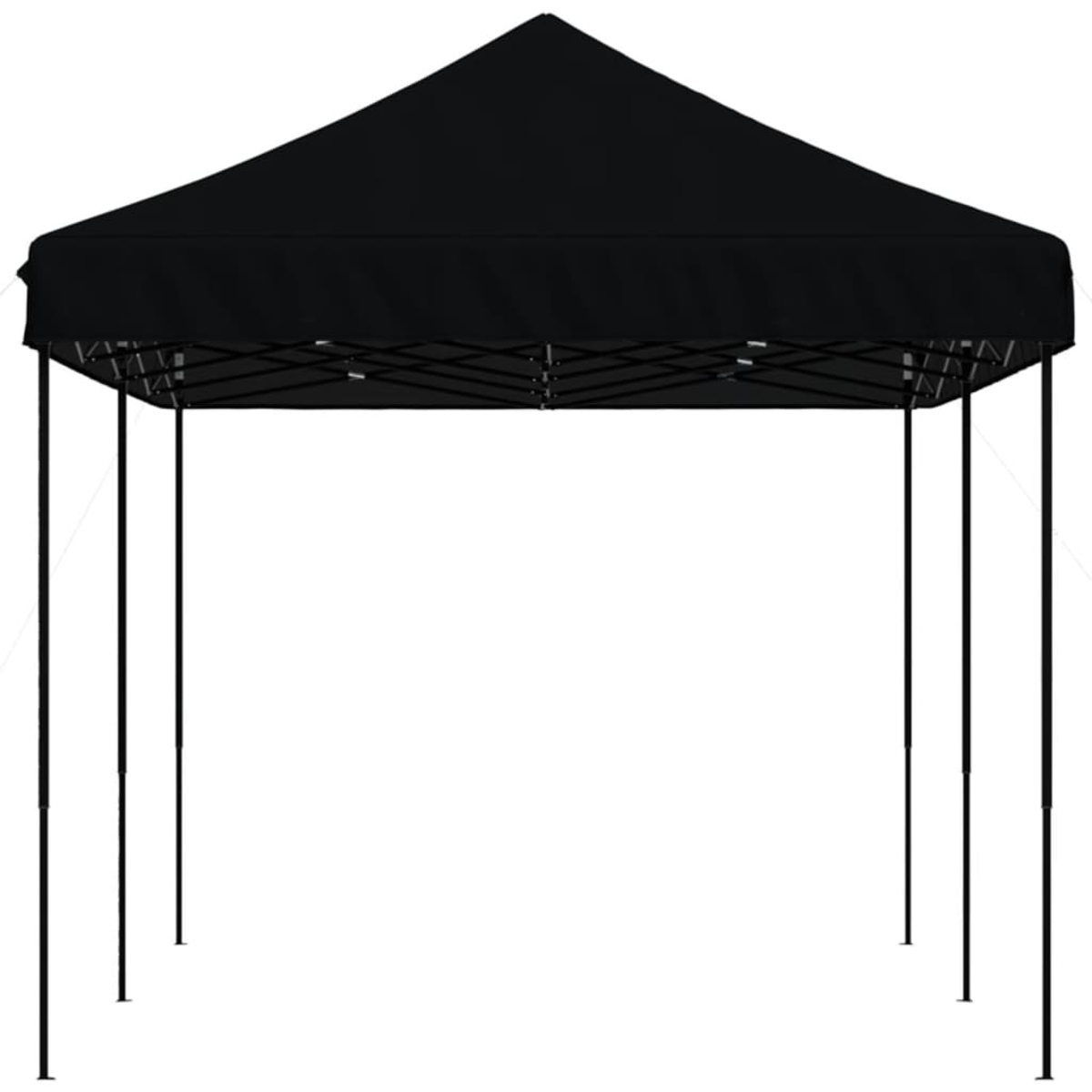 Ein schwarzes Pop-up-Zelt mit schwarzem Dach und schwarzen Stützstangen.