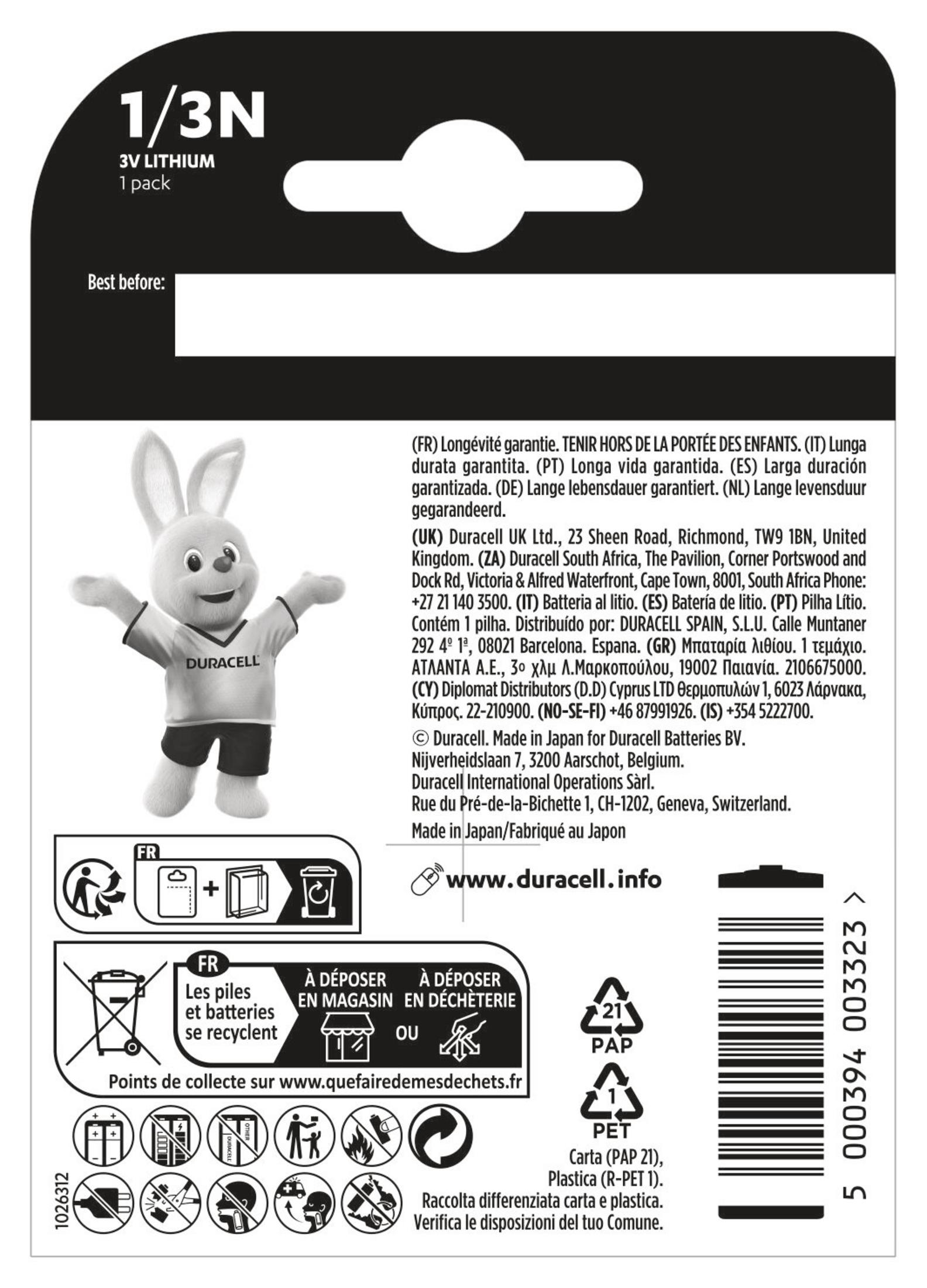 Duracell battery packaging with a bunny mascot. Product details and recycling symbols. White background.