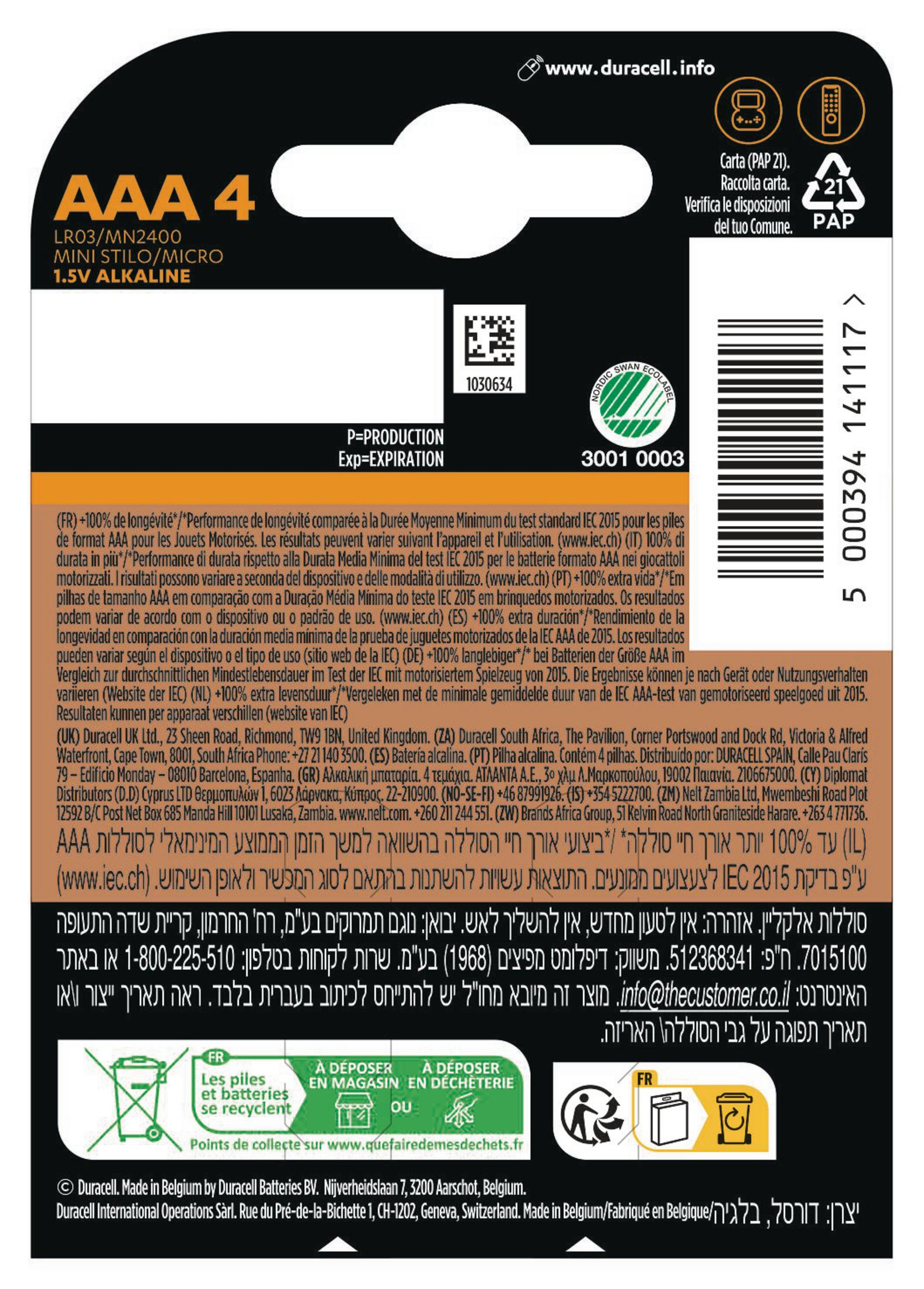 Tył opakowania baterii Duracell AAA 4 z tekstem i symbolami recyklingu.