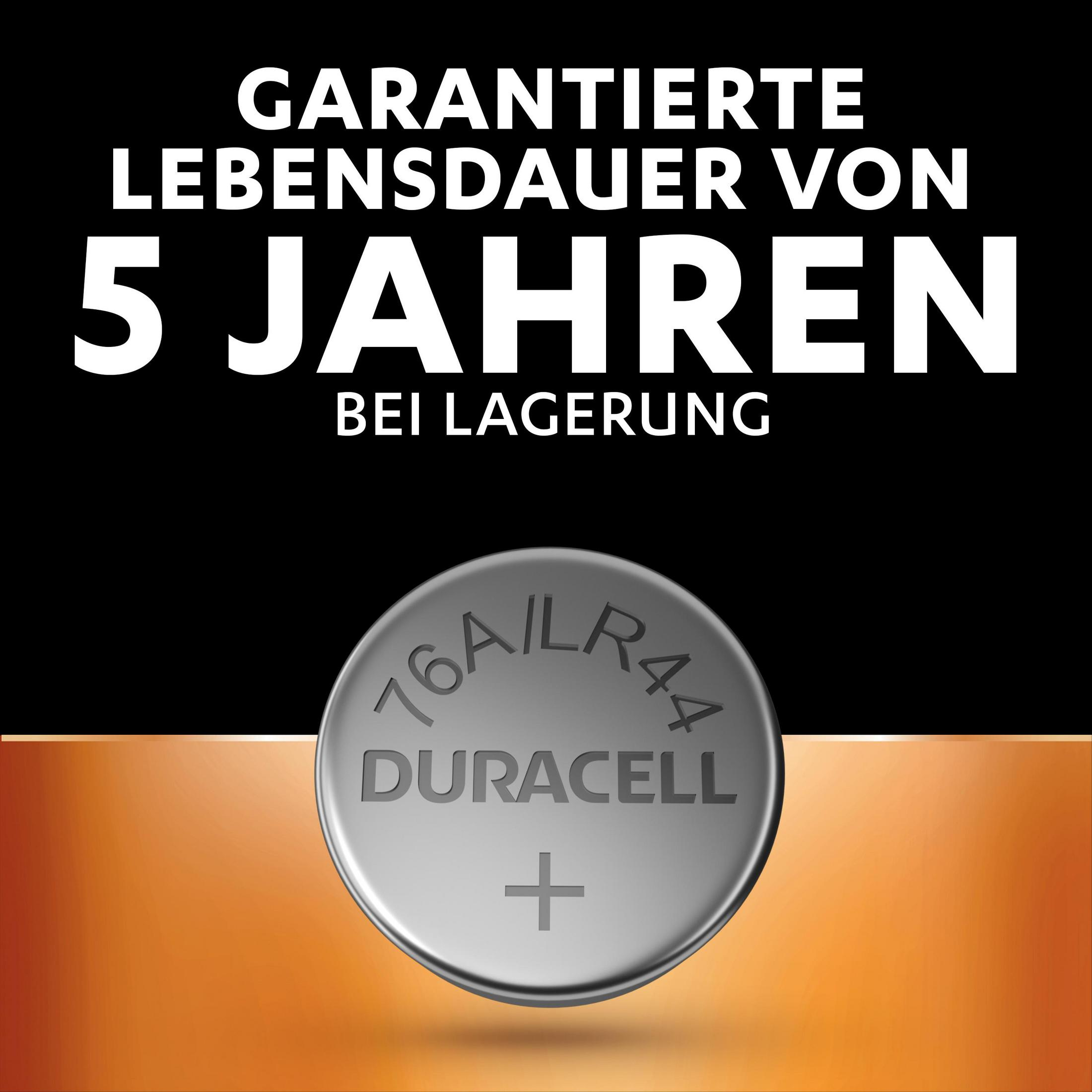 Duracell coin cell battery with text. Orange and black background with white text.