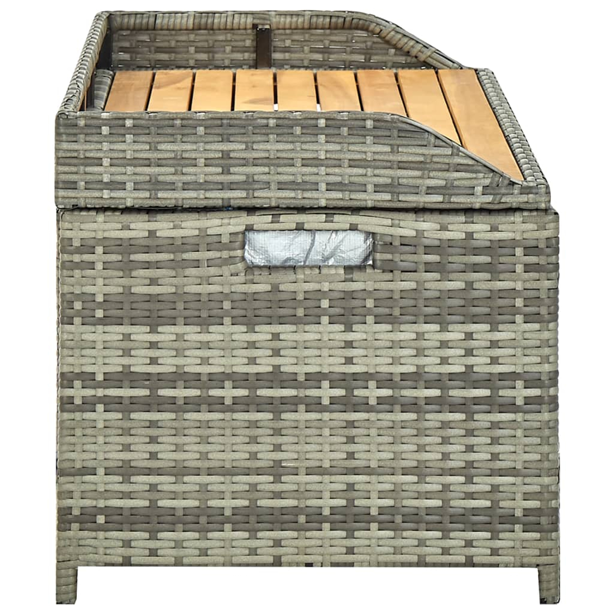 Nahaufnahme einer grauen Rattan-Aufbewahrungsbox mit Holzplatte und Griff.