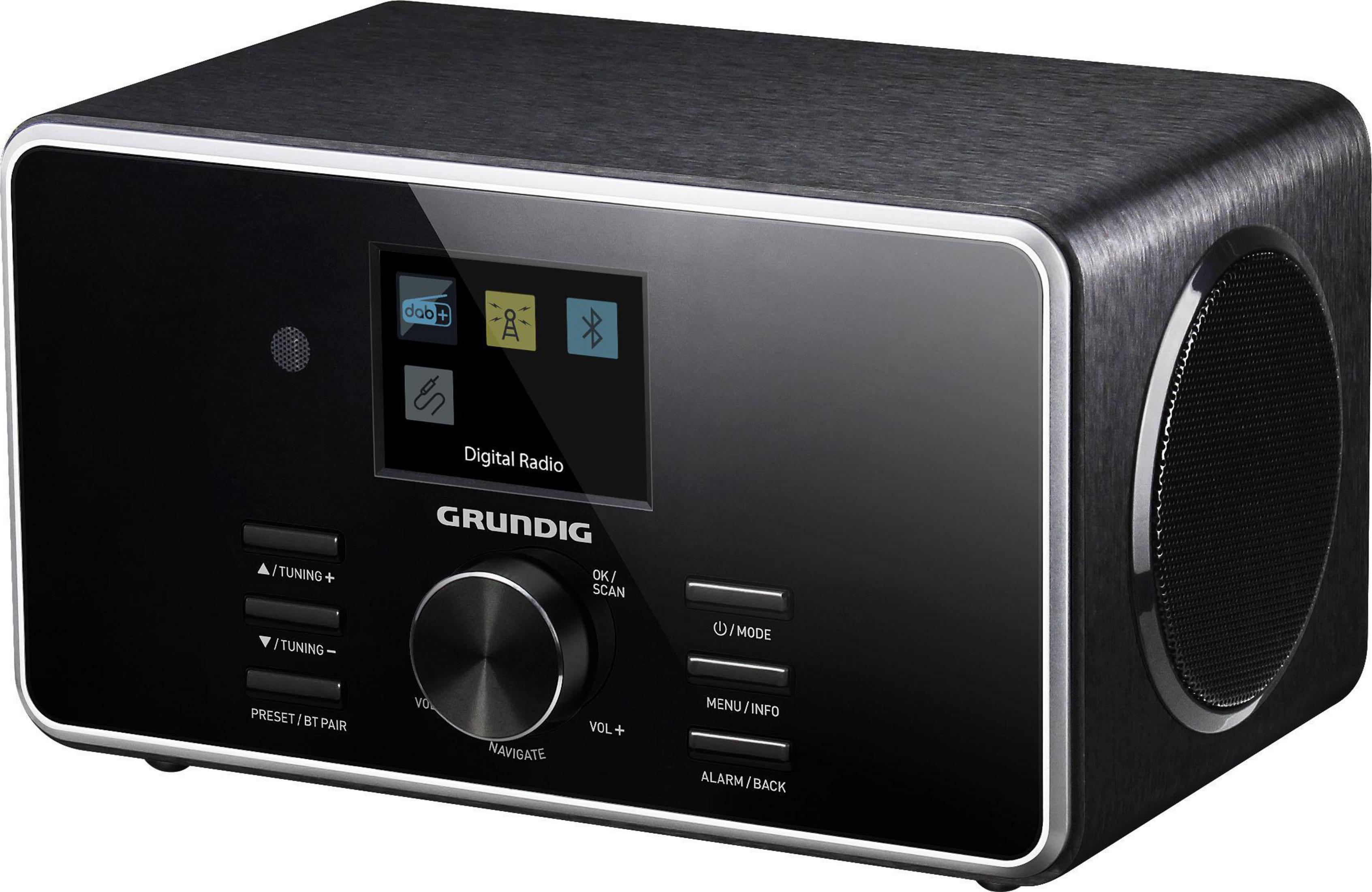 Radio digitale Grundig nera con pulsanti, display e un altoparlante.