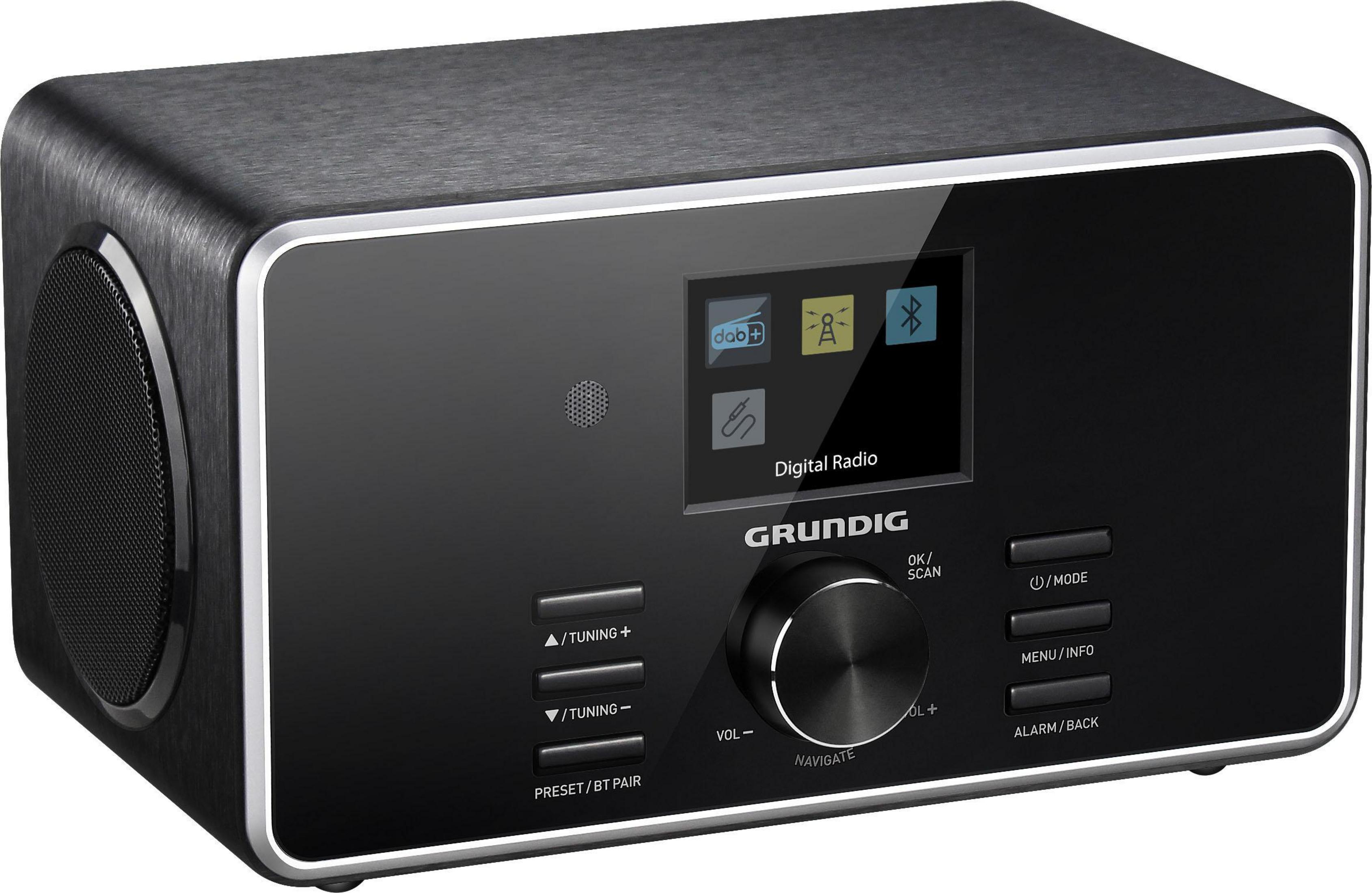 Radio digitale Grundig nera con display, pulsanti e altoparlante. Vista laterale.