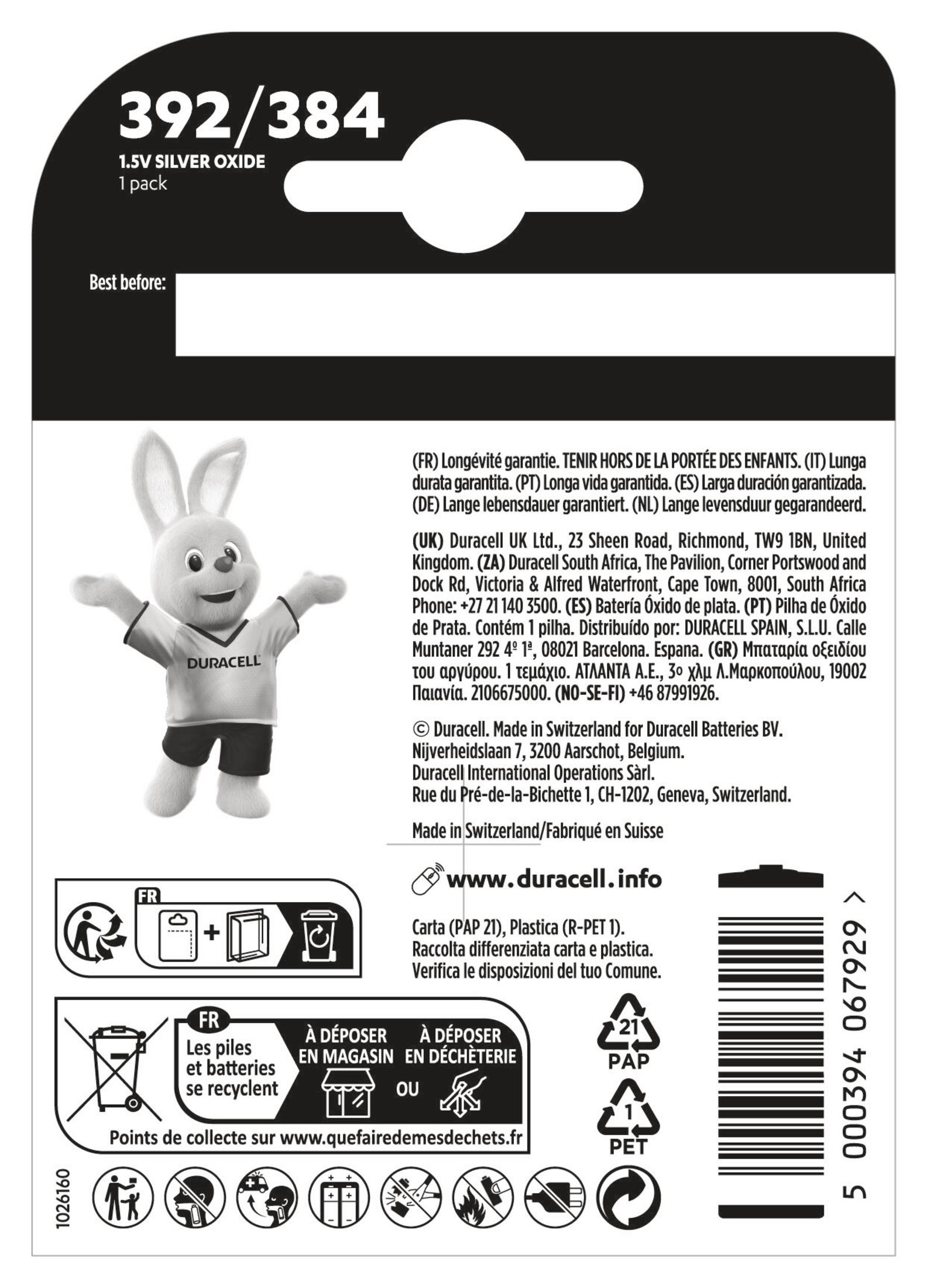 Tył opakowania baterii srebrowo-tlenkowych Duracell 392/384 1,5 V. Tekst i króliczek Duracell.