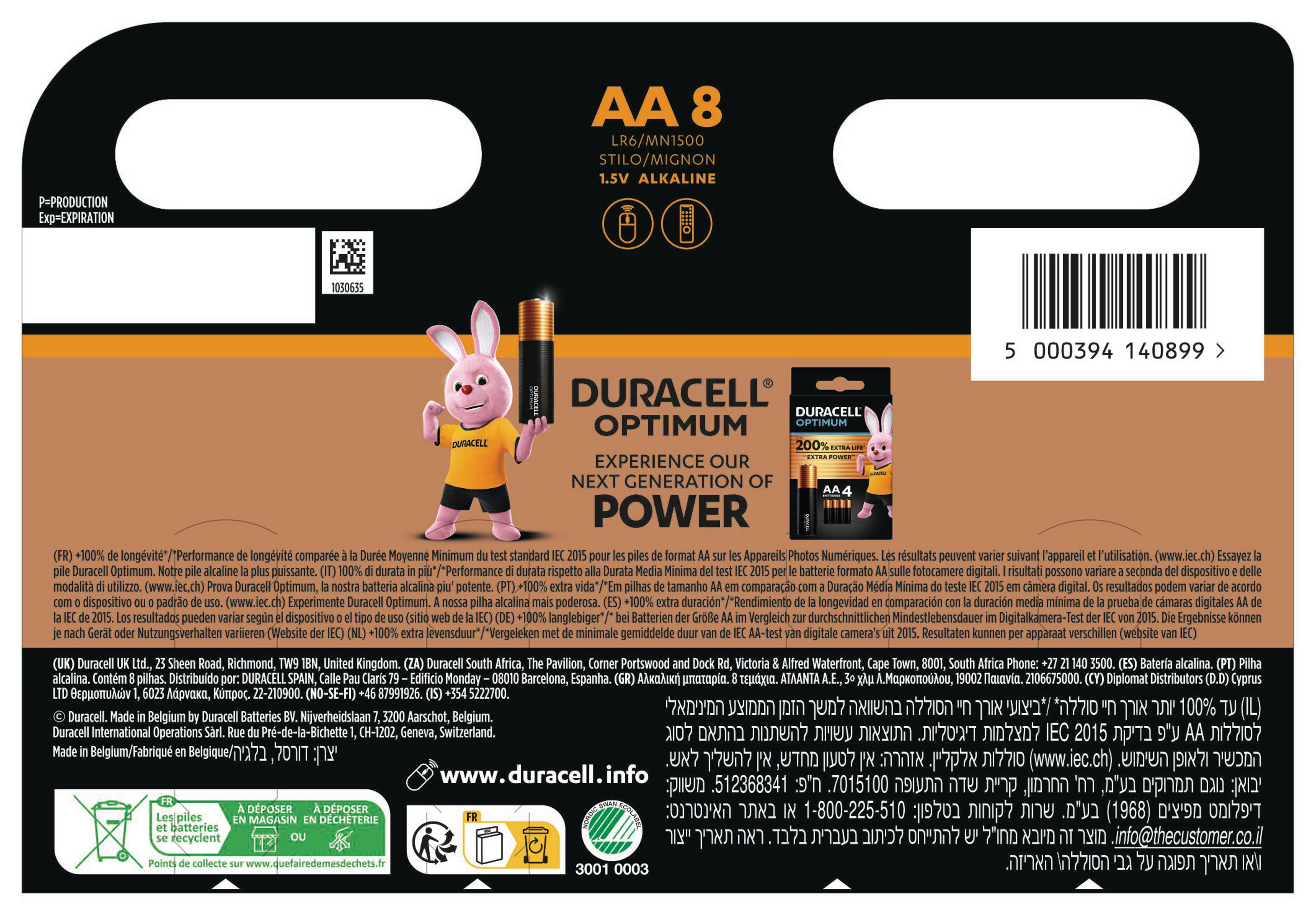 Tył opakowania baterii z tekstem i króliczkiem Duracell. Pokazuje informacje o bateriach i szczegóły recyklingu.