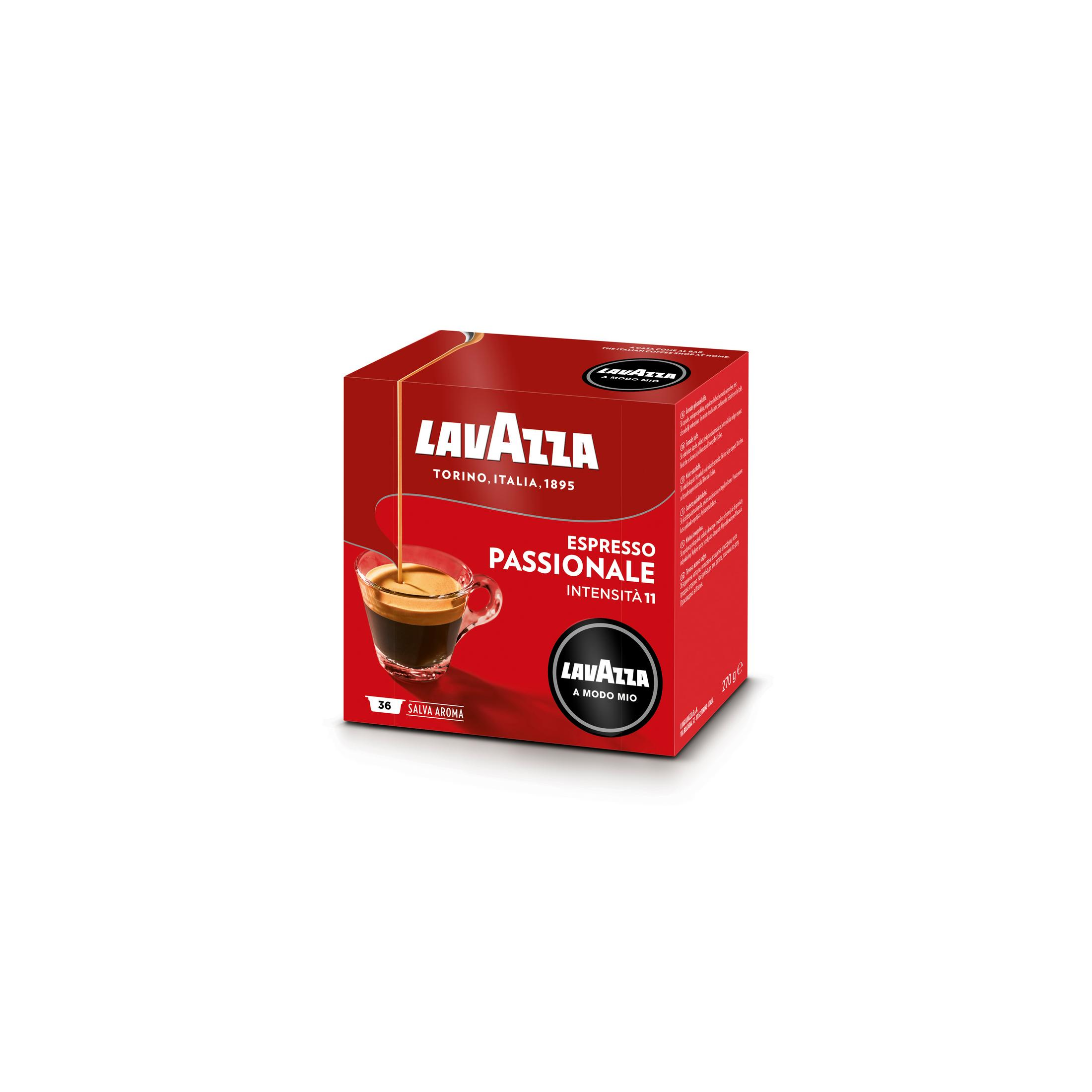 Rote Lavazza-Kaffeebox mit Bild von Kaffee, der in eine Tasse gegossen wird. Espresso Passionale, Intensität 11.