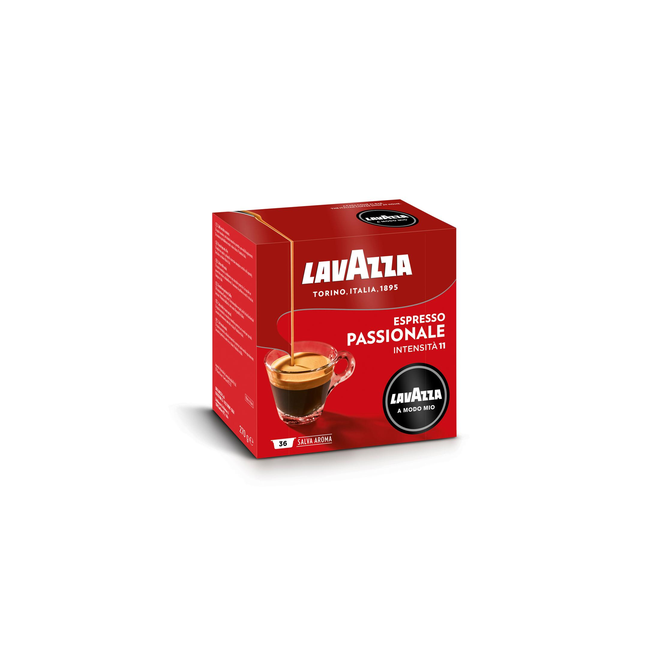 Eine rote Lavazza Kaffeebox mit einer Tasse Kaffee. Der Text auf der Box ist sichtbar. Der Hintergrund ist weiß.