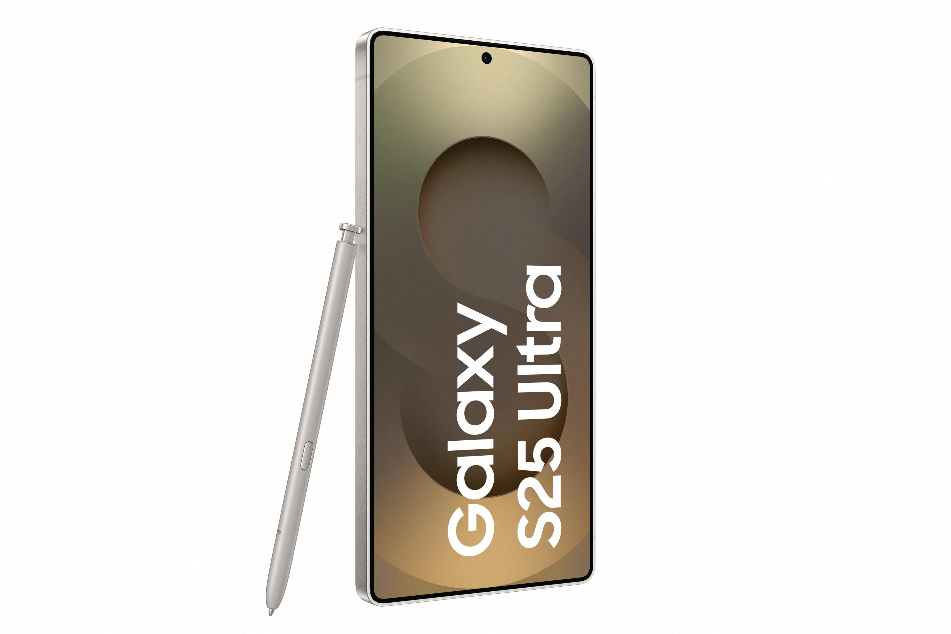 Srebrny smartfon z ekranem 'Galaxy S25 Ultra'. Pióro obok telefonu.