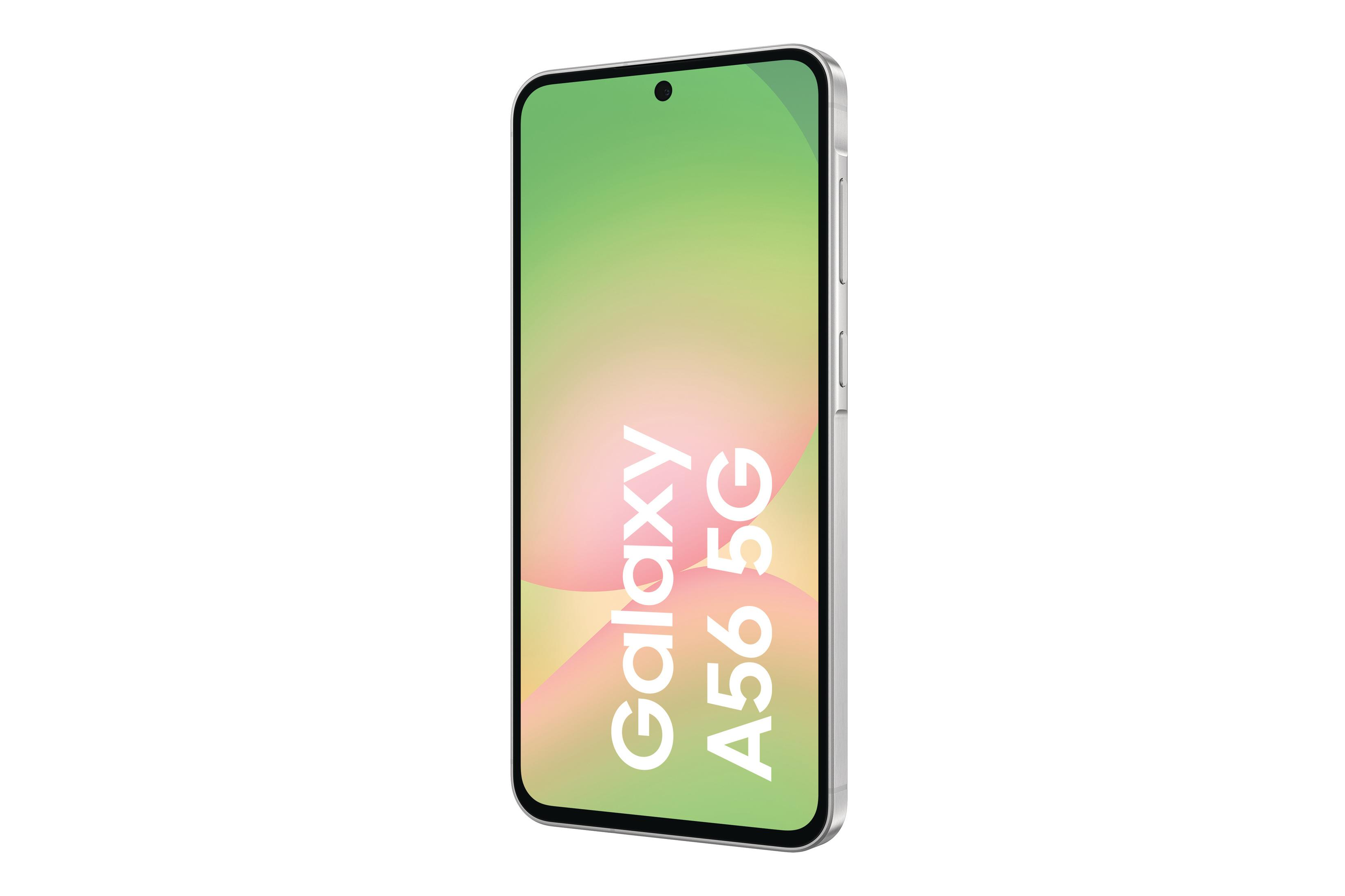 Srebrny smartfon z zielonym gradientem. Tekst 'Galaxy A56 5G' jest wyświetlany.