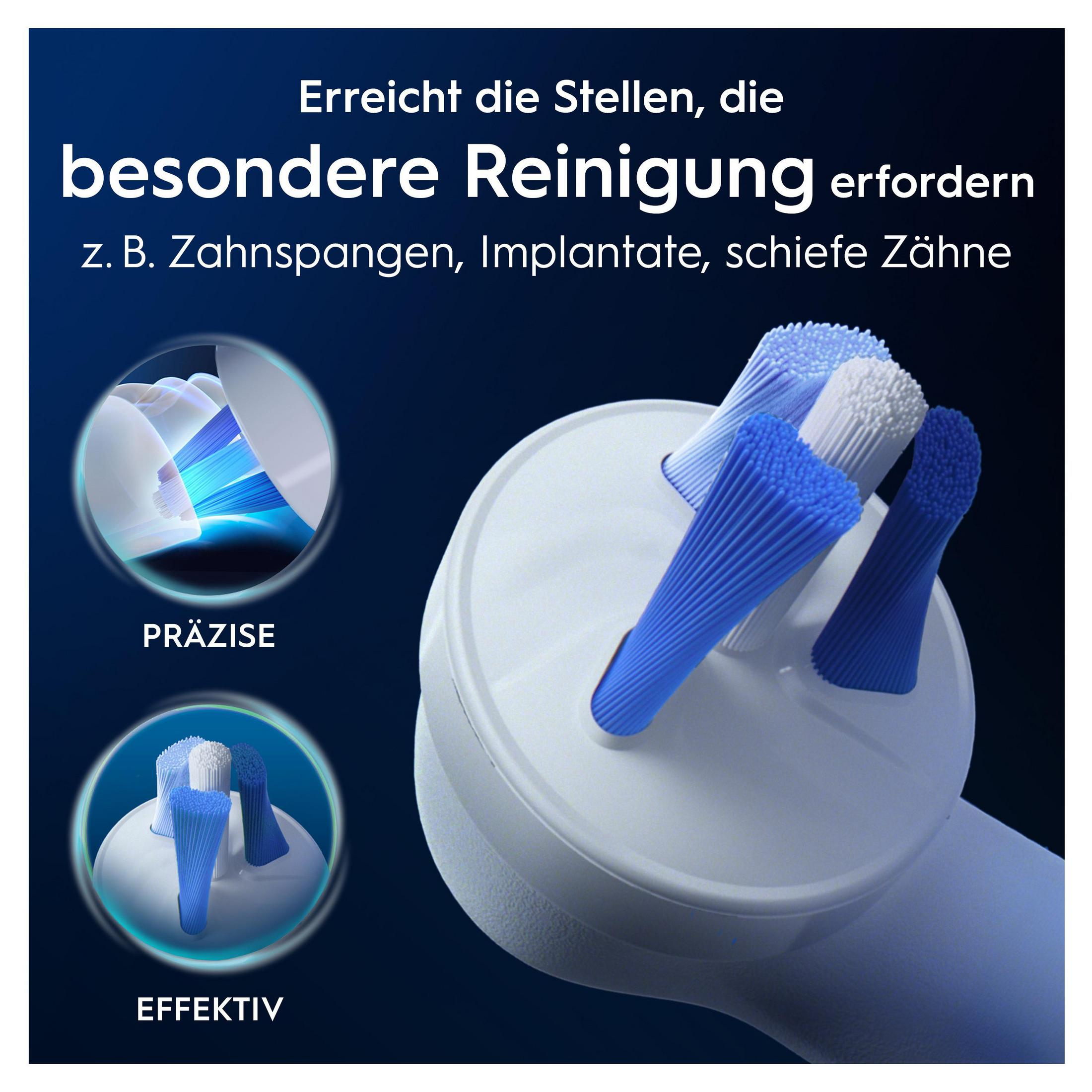 Elektrische Zahnbürstenkopf mit drei verschiedenen Bürstenköpfen. Reinigungsdetails.