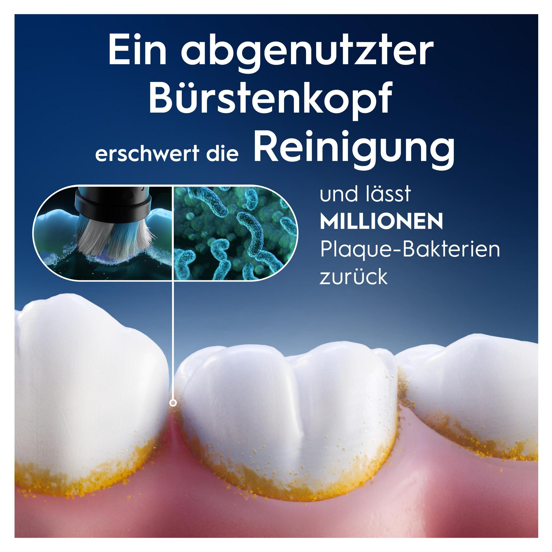 Zähne mit Vergilbungen am Ansatz. Ein Zahnbürstenkopf mit Bakterien wird gezeigt.