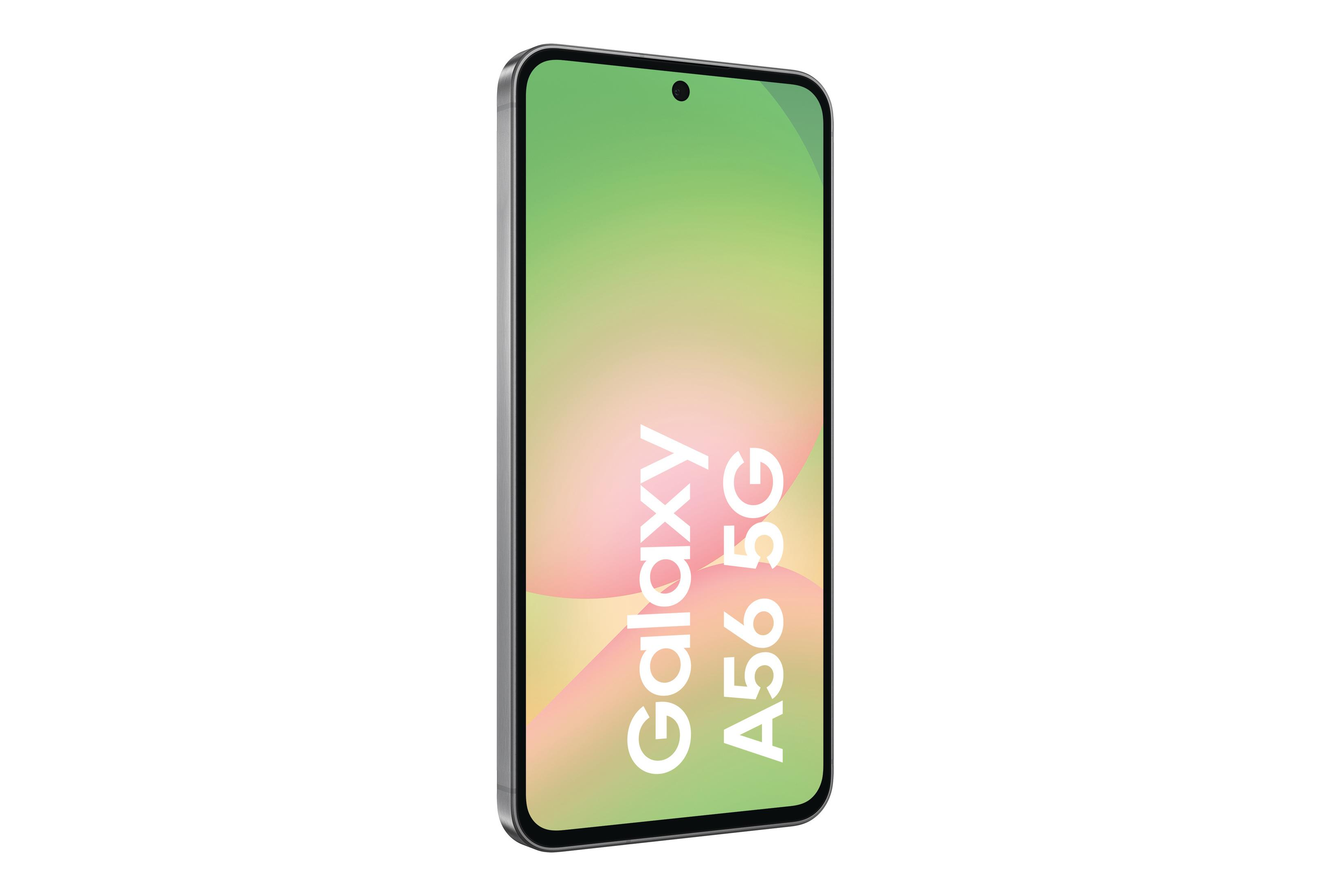 Silbernes Smartphone mit grünem Farbverlaufsbildschirm. Text 'Galaxy A56 5G' wird angezeigt.