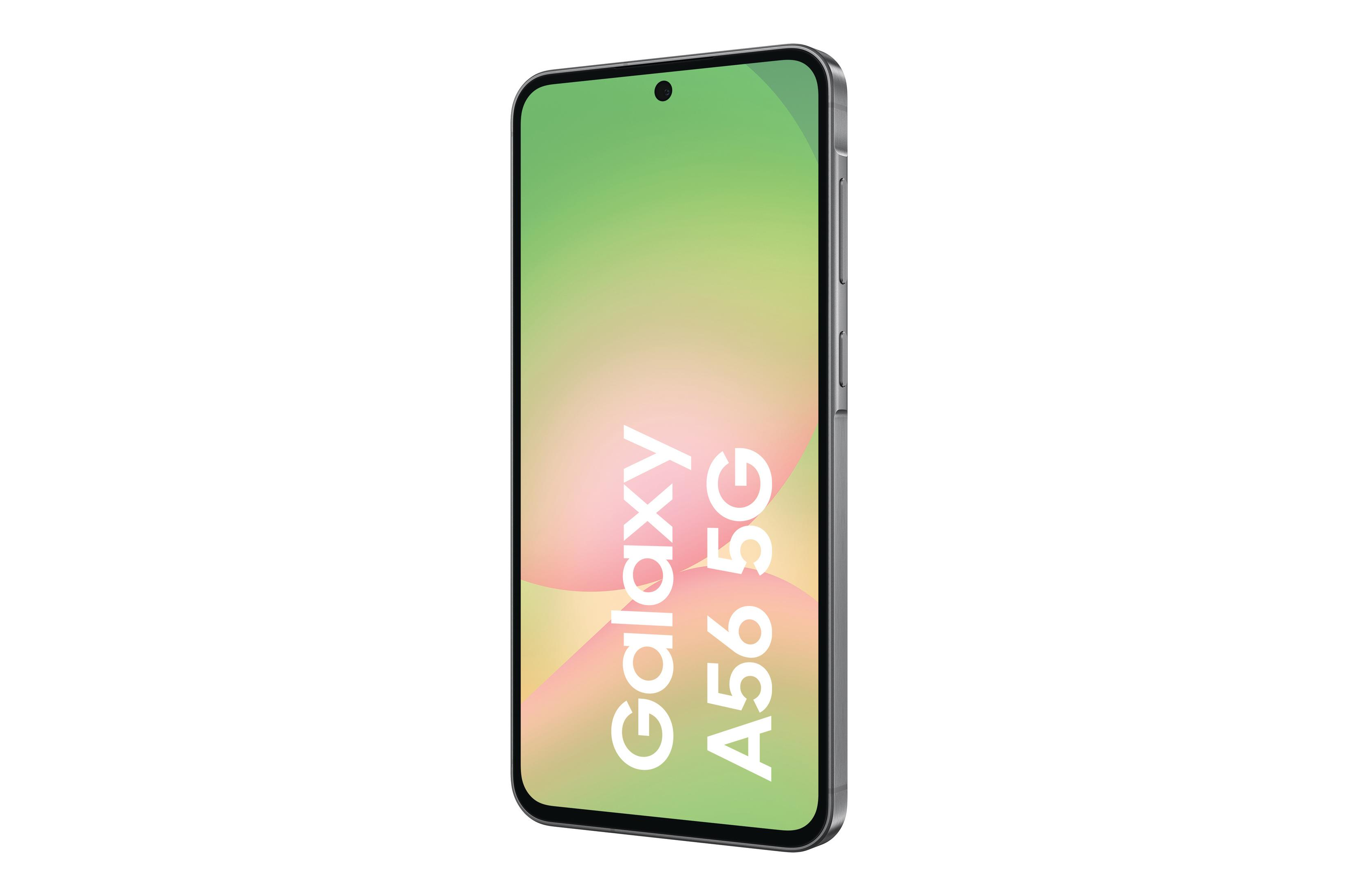 Ein Samsung Galaxy A56 5G-Smartphone. Der Bildschirm zeigt einen Farbverlauf von Grün und Rosa.