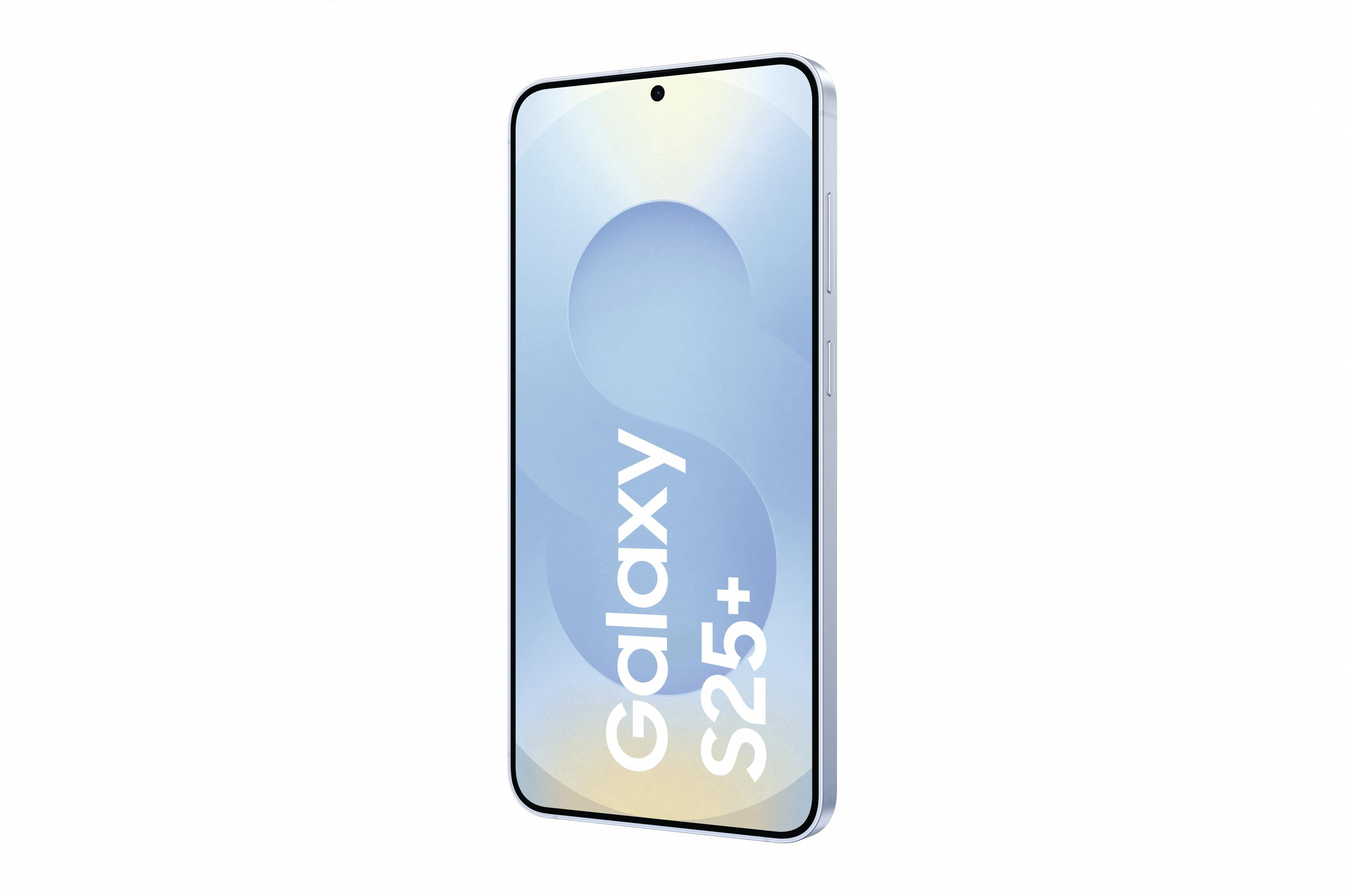 Jasnoniebieski telefon Galaxy S25+, pod kątem, ekran pokazujący wzór w kształcie litery S i nazwę telefonu.