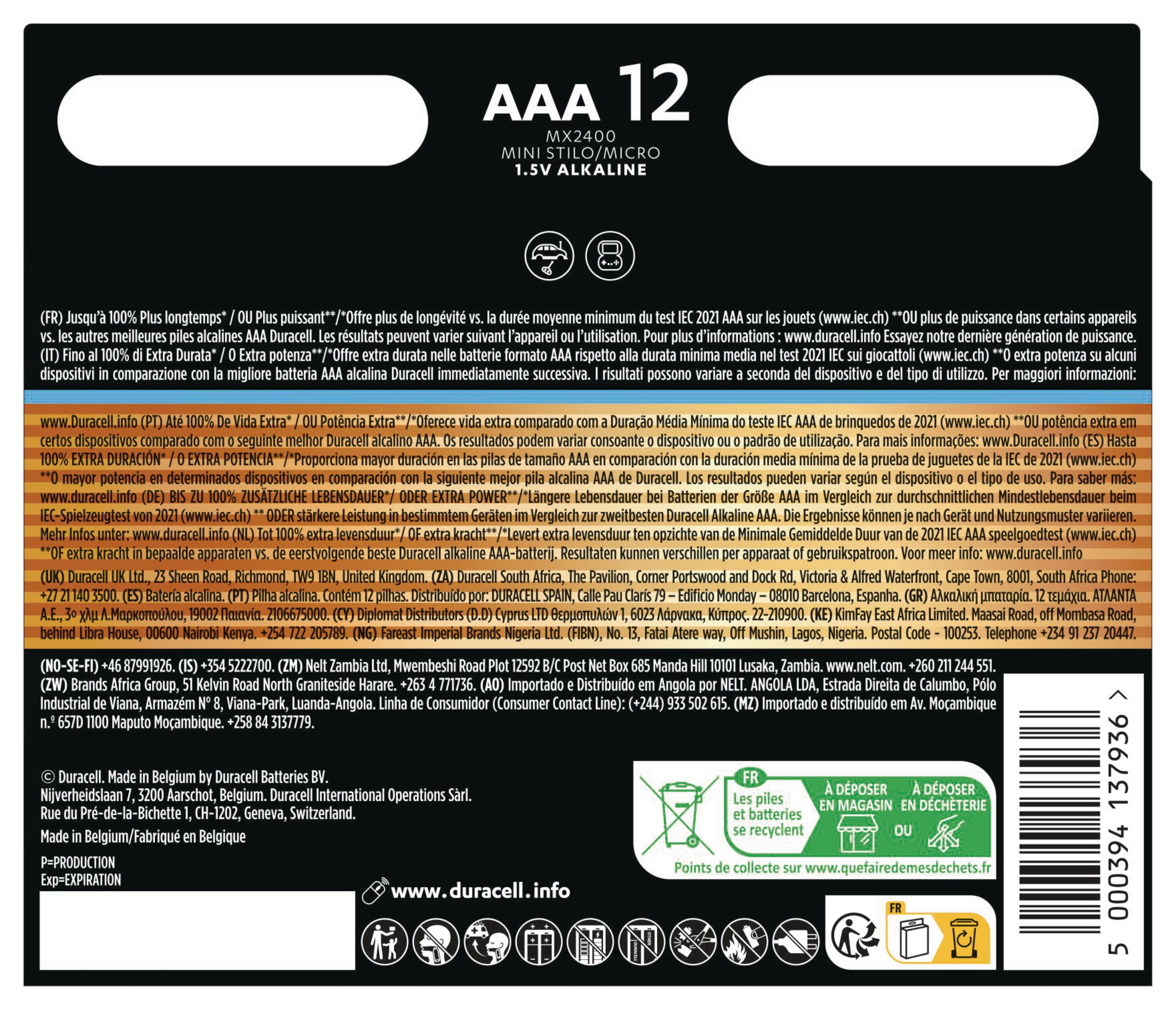 Rückseite der Duracell Optimum AAA Batterieverpackung mit Details und Recyclinginformationen.