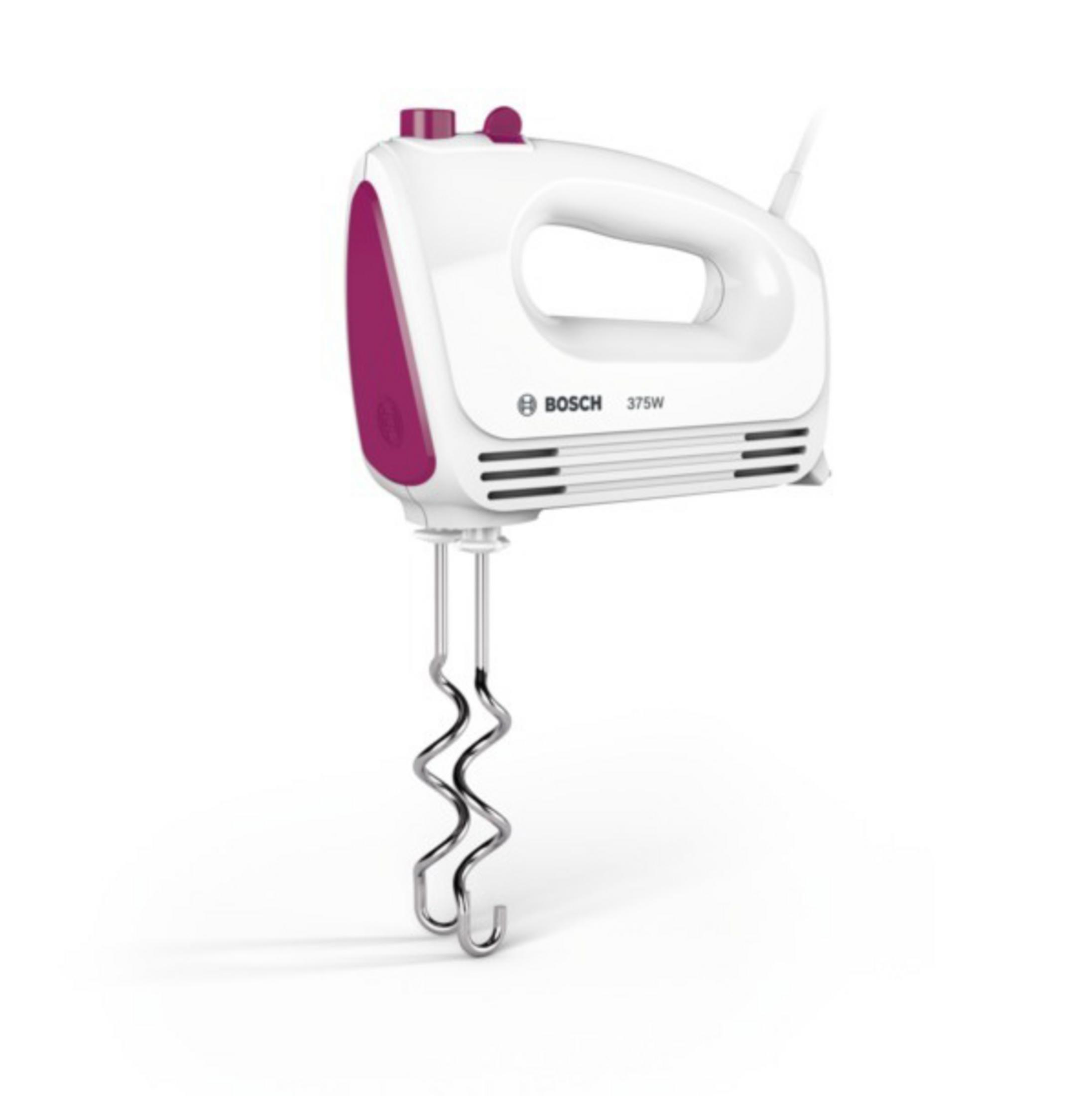 Weißer Handmixer mit pinkfarbenem Akzent und zwei Schlägern.